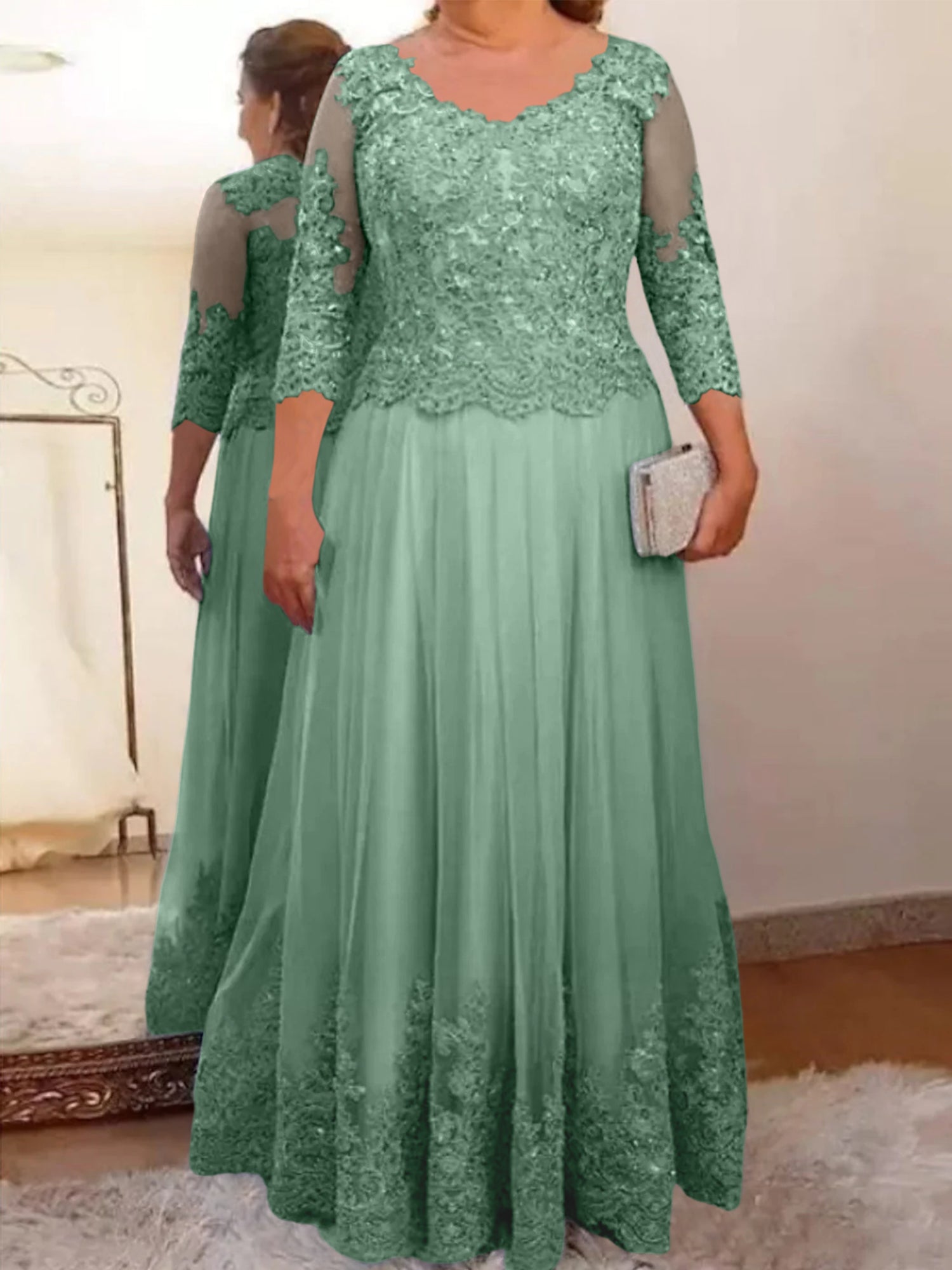 A-Line/Princess Sheer Neck 3/4 Length Sleeves Floor-Length Mother of the Bride Dresses with Applique - Image 54