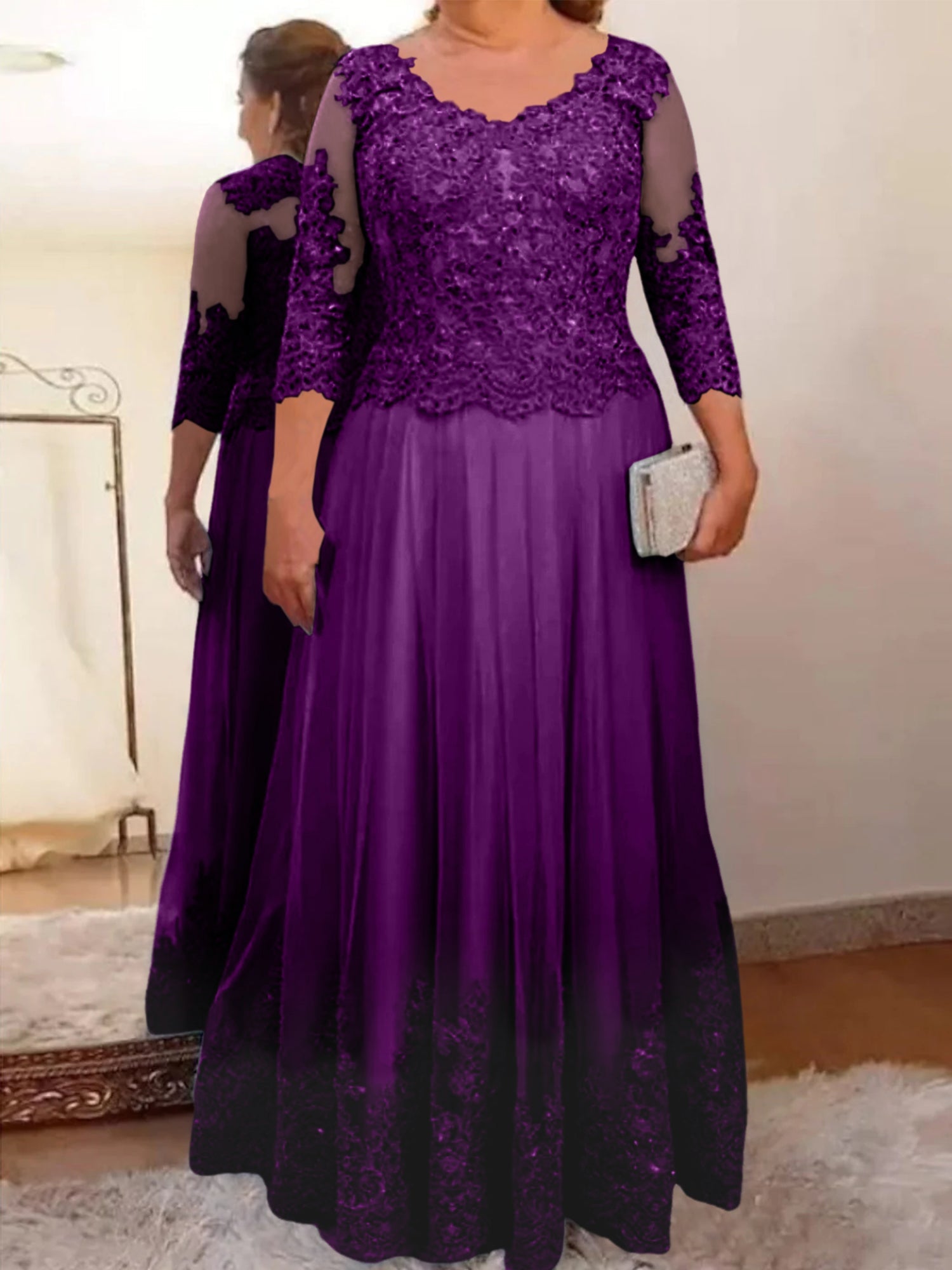 A-Line/Princess Sheer Neck 3/4 Length Sleeves Floor-Length Mother of the Bride Dresses with Applique - Image 16