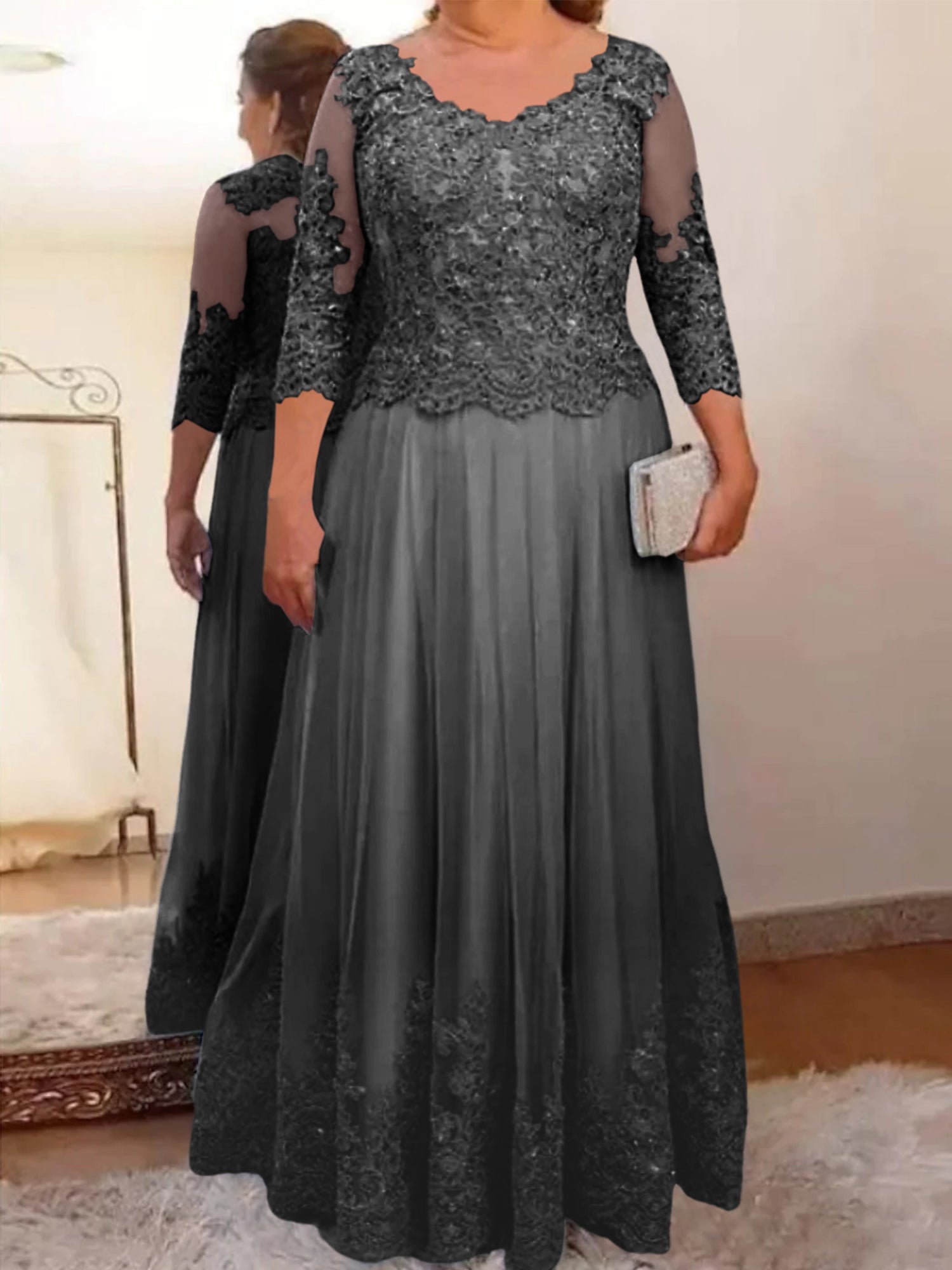 A-Line/Princess Sheer Neck 3/4 Length Sleeves Floor-Length Mother of the Bride Dresses with Applique - Image 56