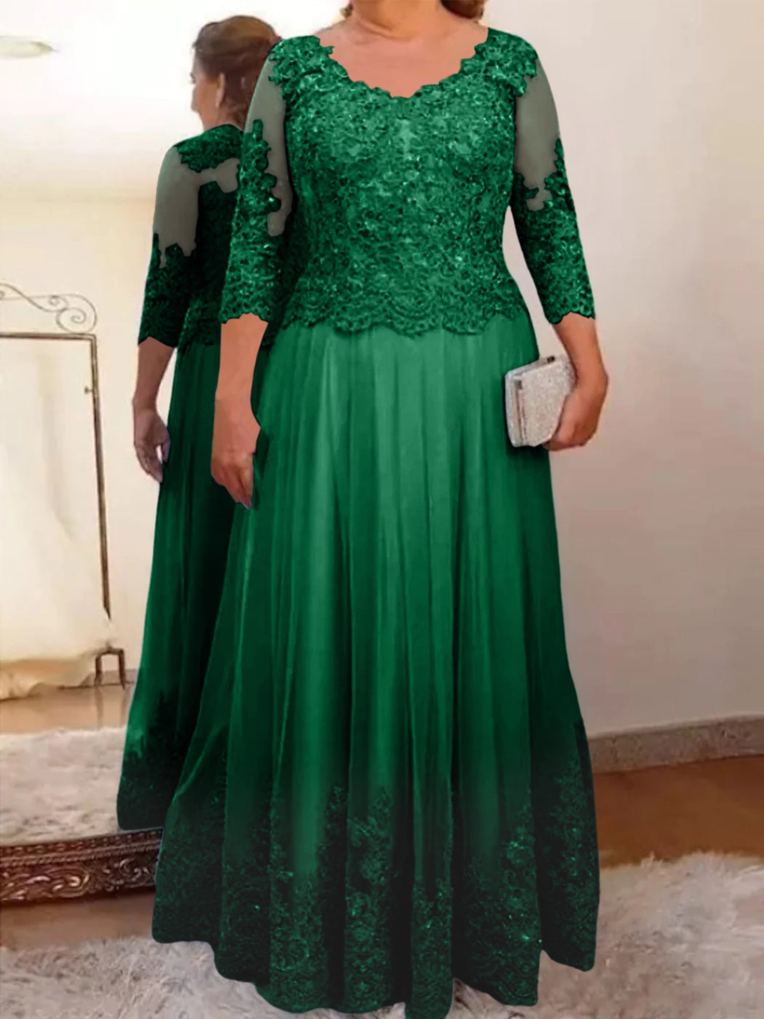 A-Line/Princess Sheer Neck 3/4 Length Sleeves Floor-Length Mother of the Bride Dresses with Applique - Image 57