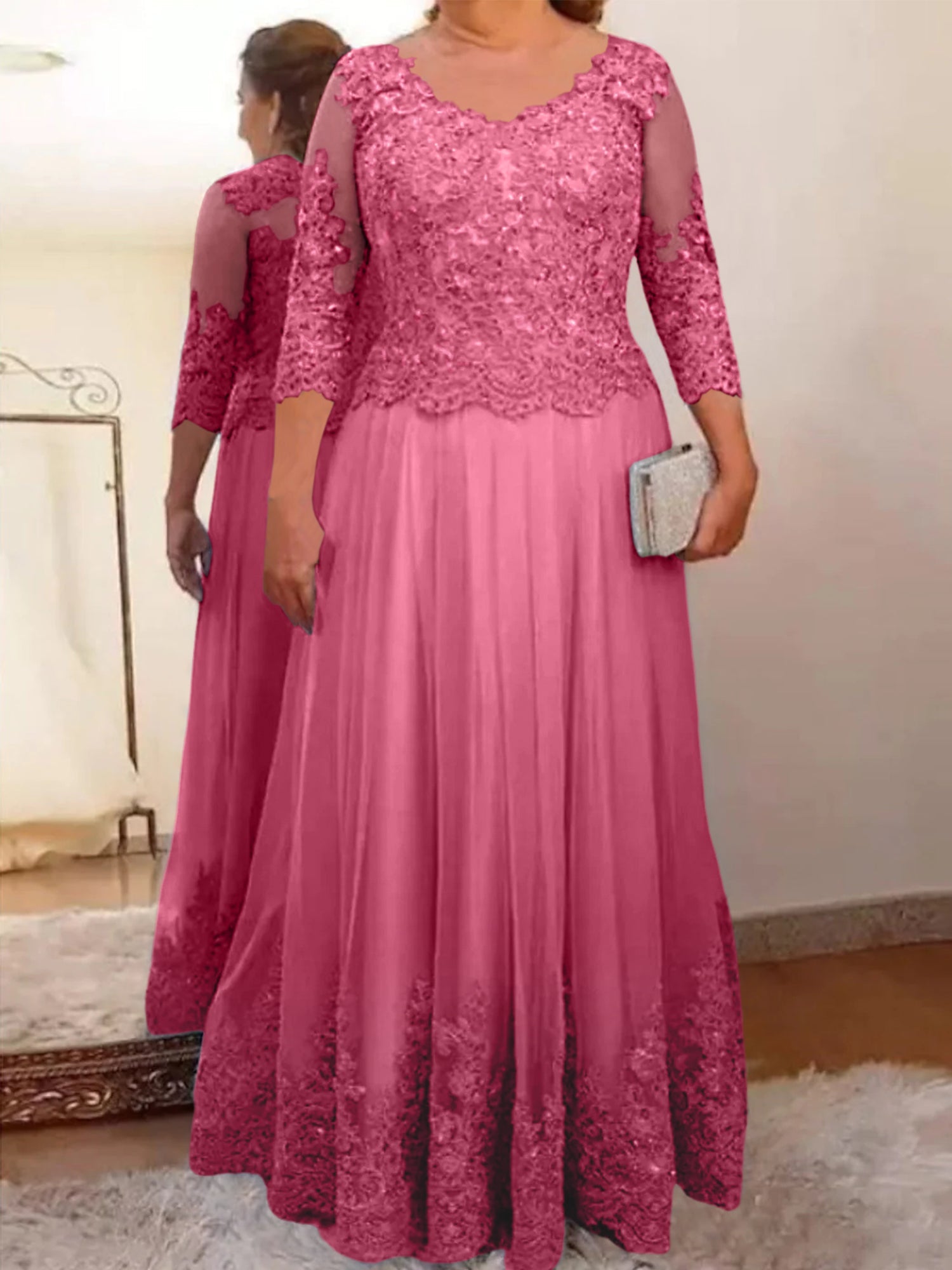 A-Line/Princess Sheer Neck 3/4 Length Sleeves Floor-Length Mother of the Bride Dresses with Applique - Image 58
