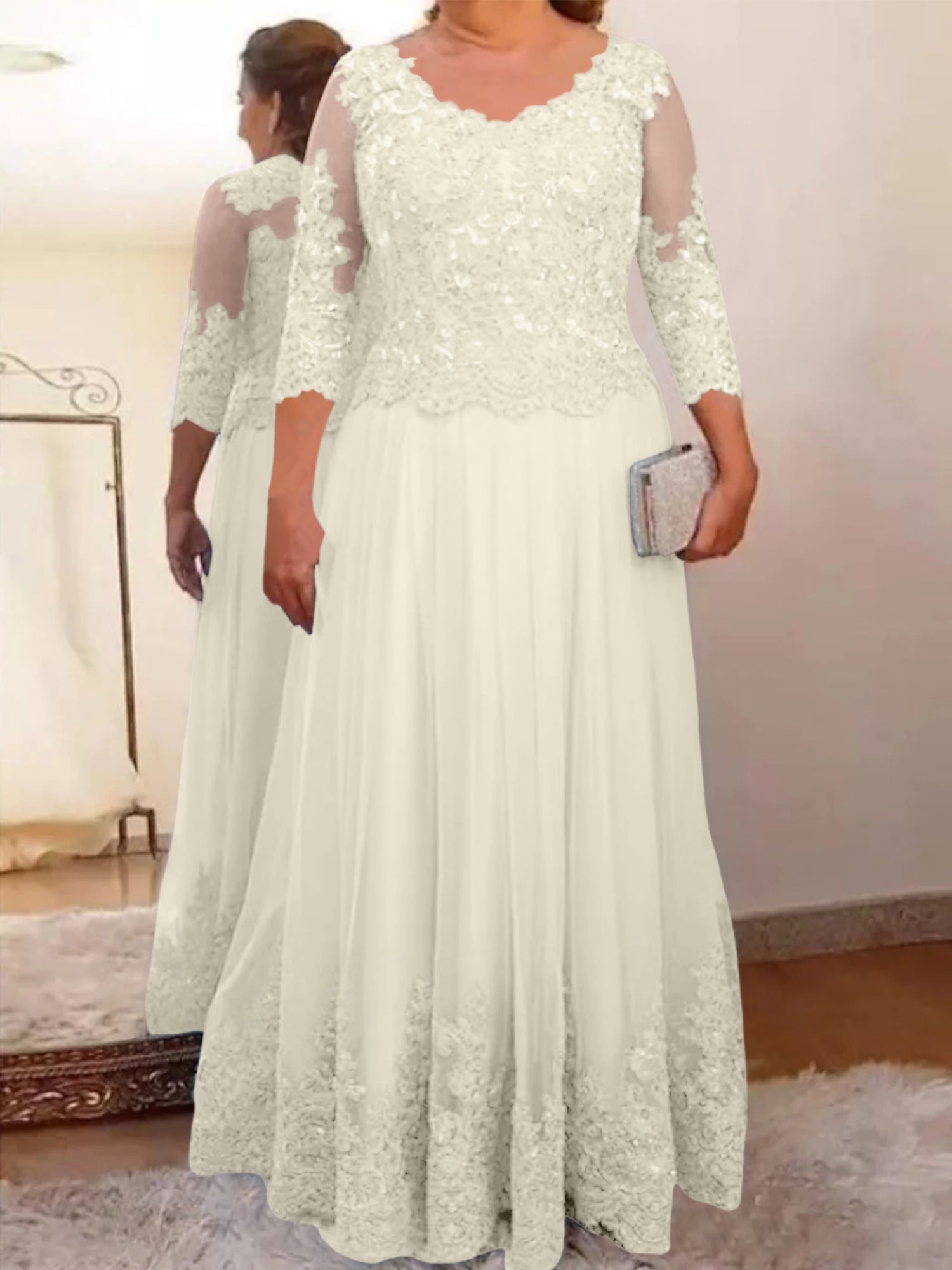 A-Line/Princess Sheer Neck 3/4 Length Sleeves Floor-Length Mother of the Bride Dresses with Applique - Image 18