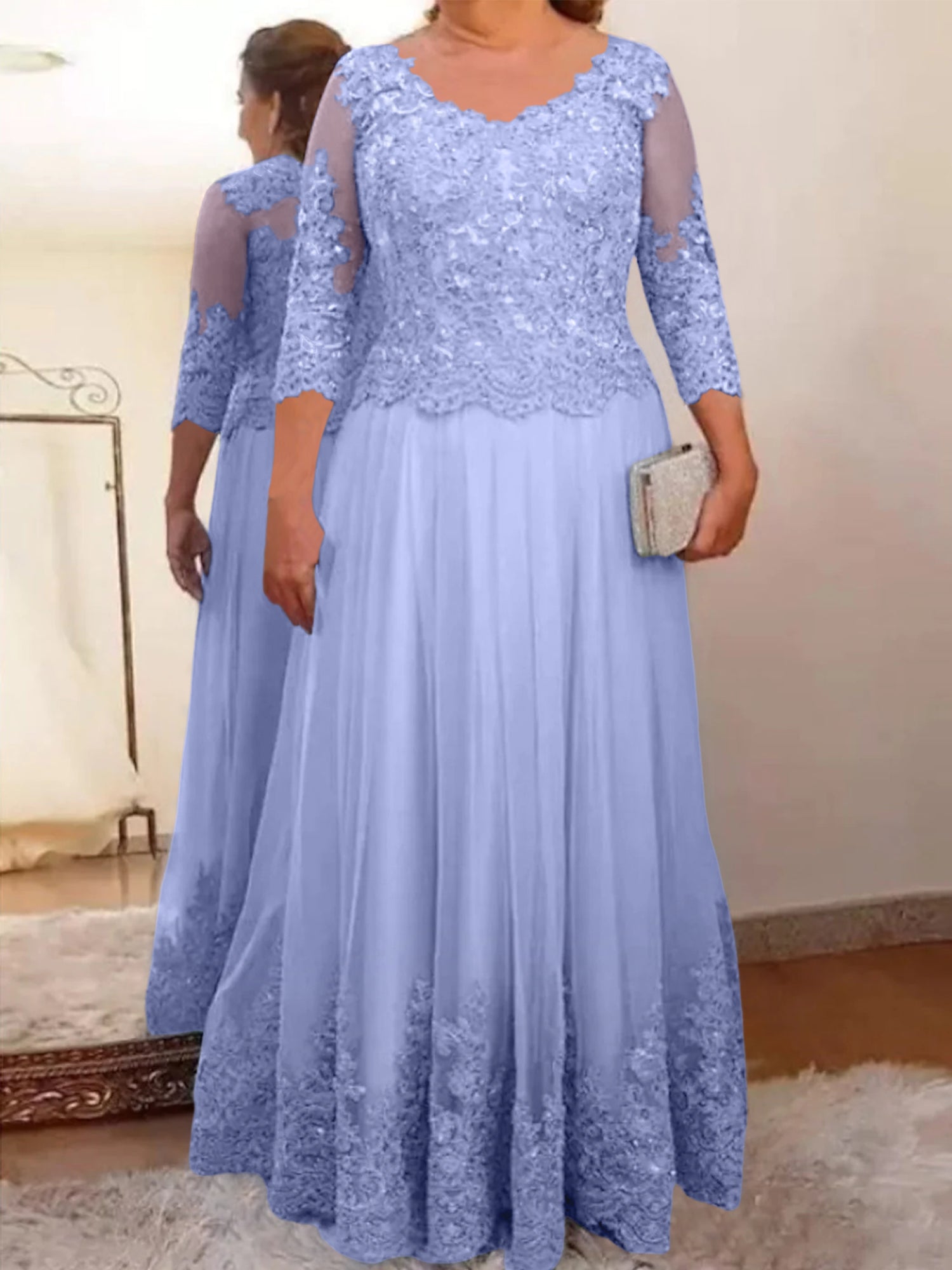 A-Line/Princess Sheer Neck 3/4 Length Sleeves Floor-Length Mother of the Bride Dresses with Applique - Image 59