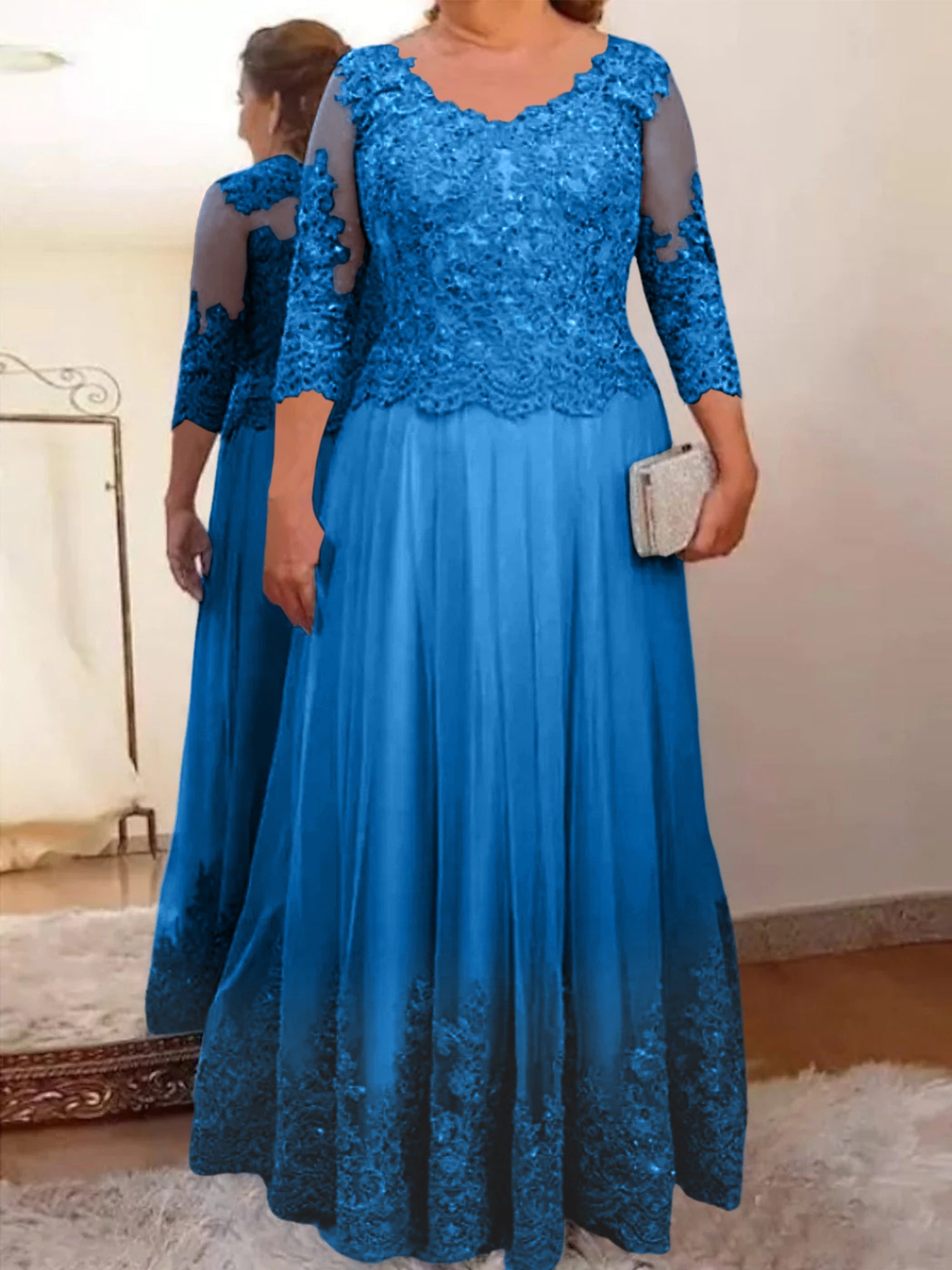 A-Line/Princess Sheer Neck 3/4 Length Sleeves Floor-Length Mother of the Bride Dresses with Applique - Image 64