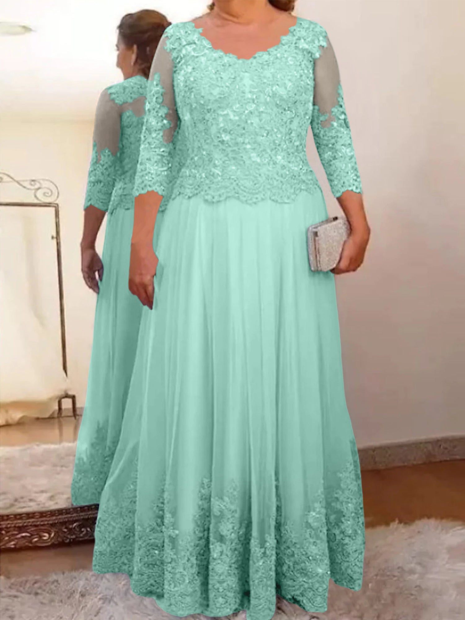 A-Line/Princess Sheer Neck 3/4 Length Sleeves Floor-Length Mother of the Bride Dresses with Applique - Image 65
