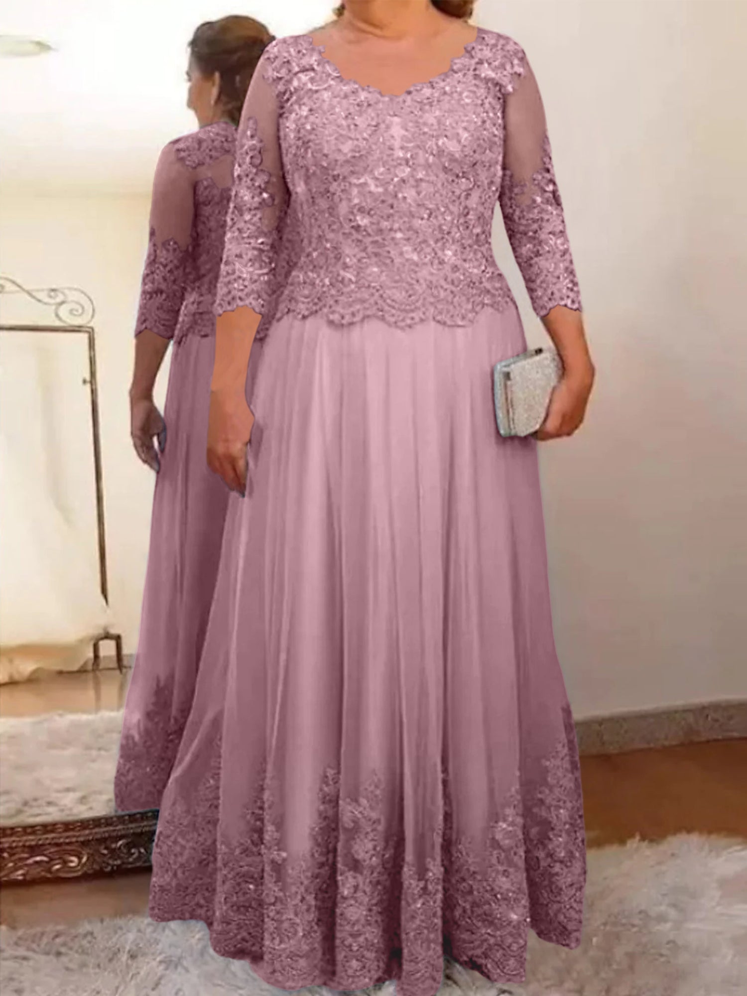A-Line/Princess Sheer Neck 3/4 Length Sleeves Floor-Length Mother of the Bride Dresses with Applique - Image 5