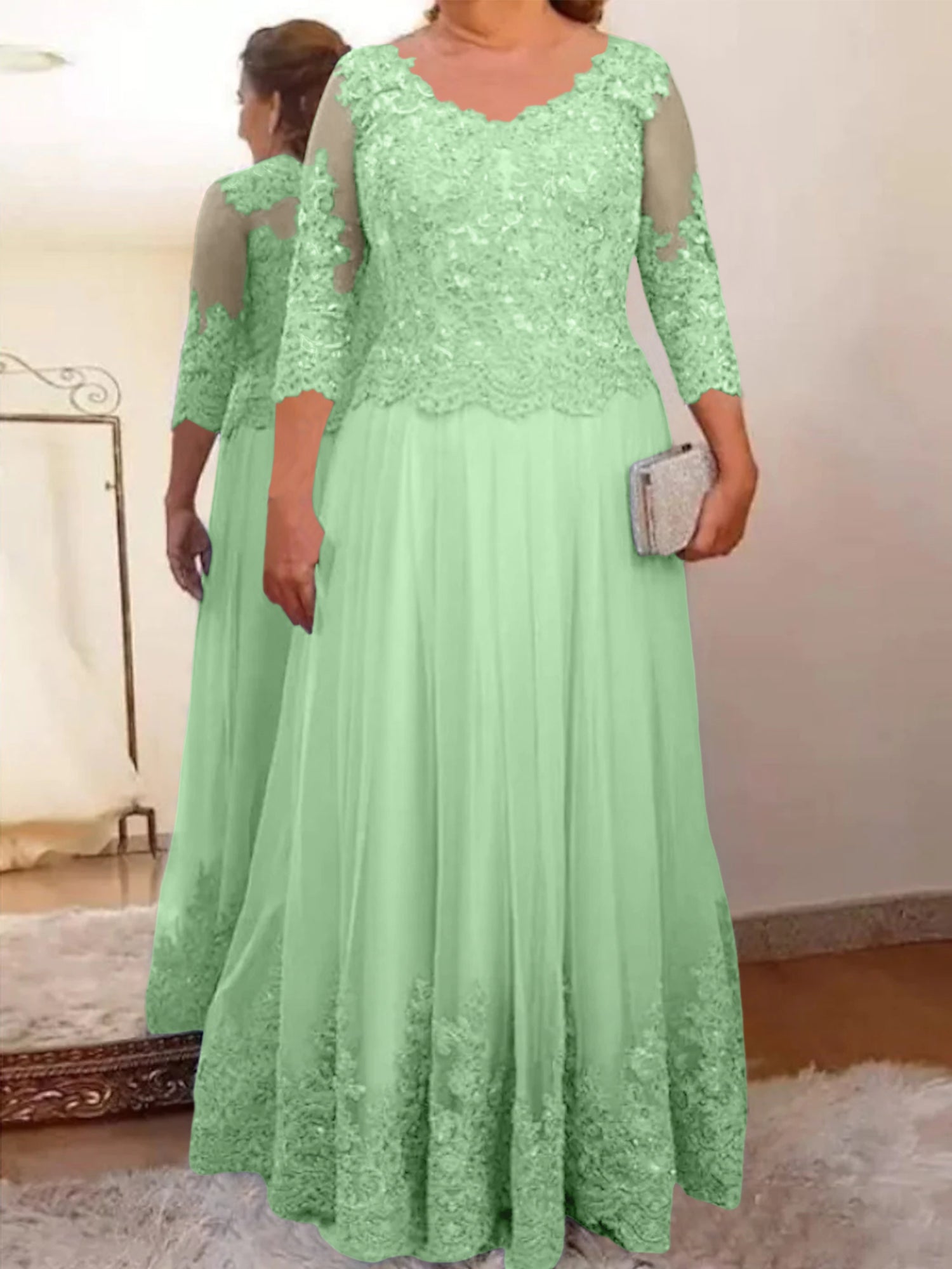 A-Line/Princess Sheer Neck 3/4 Length Sleeves Floor-Length Mother of the Bride Dresses with Applique - Image 67