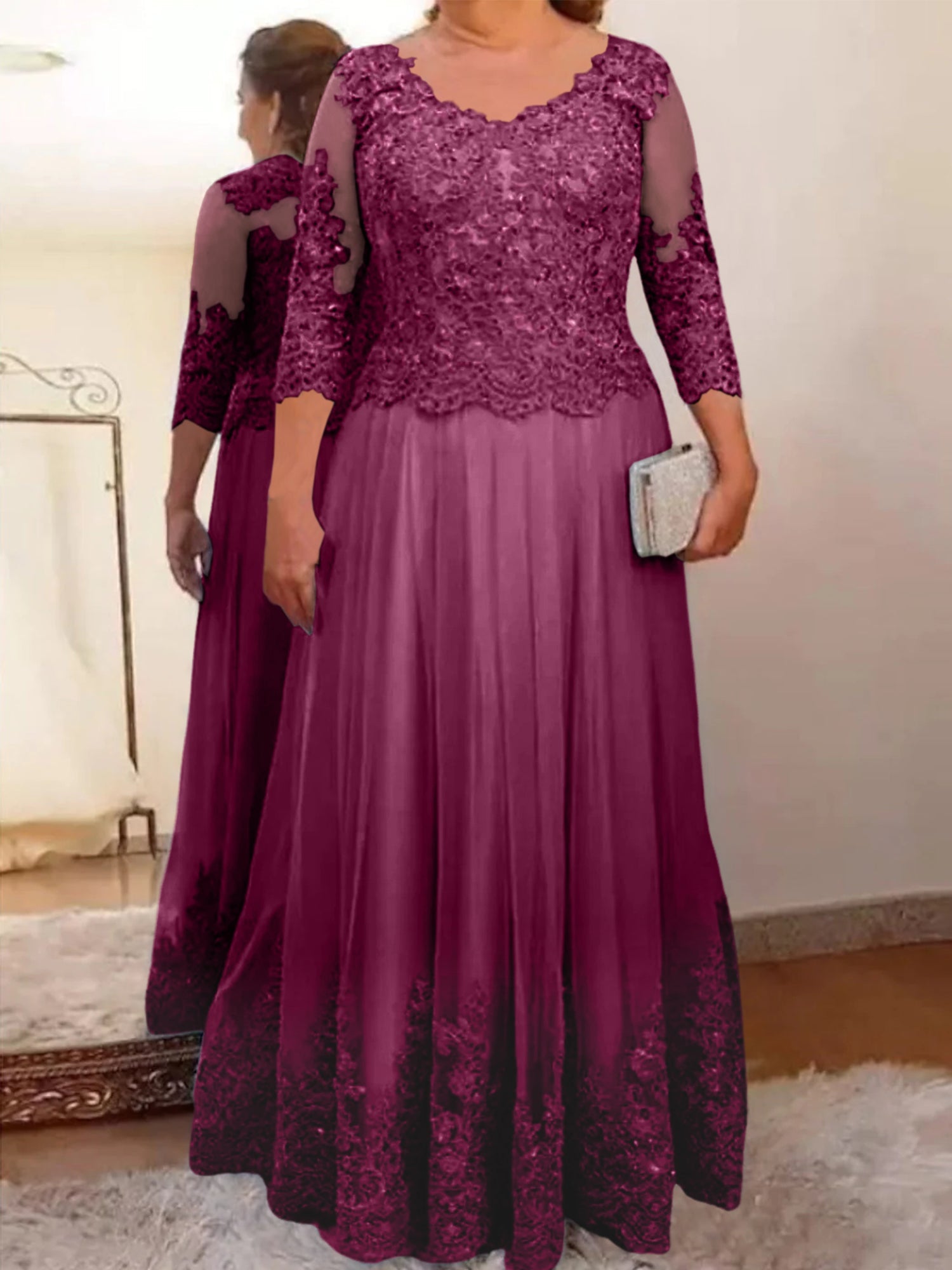 A-Line/Princess Sheer Neck 3/4 Length Sleeves Floor-Length Mother of the Bride Dresses with Applique - Image 69