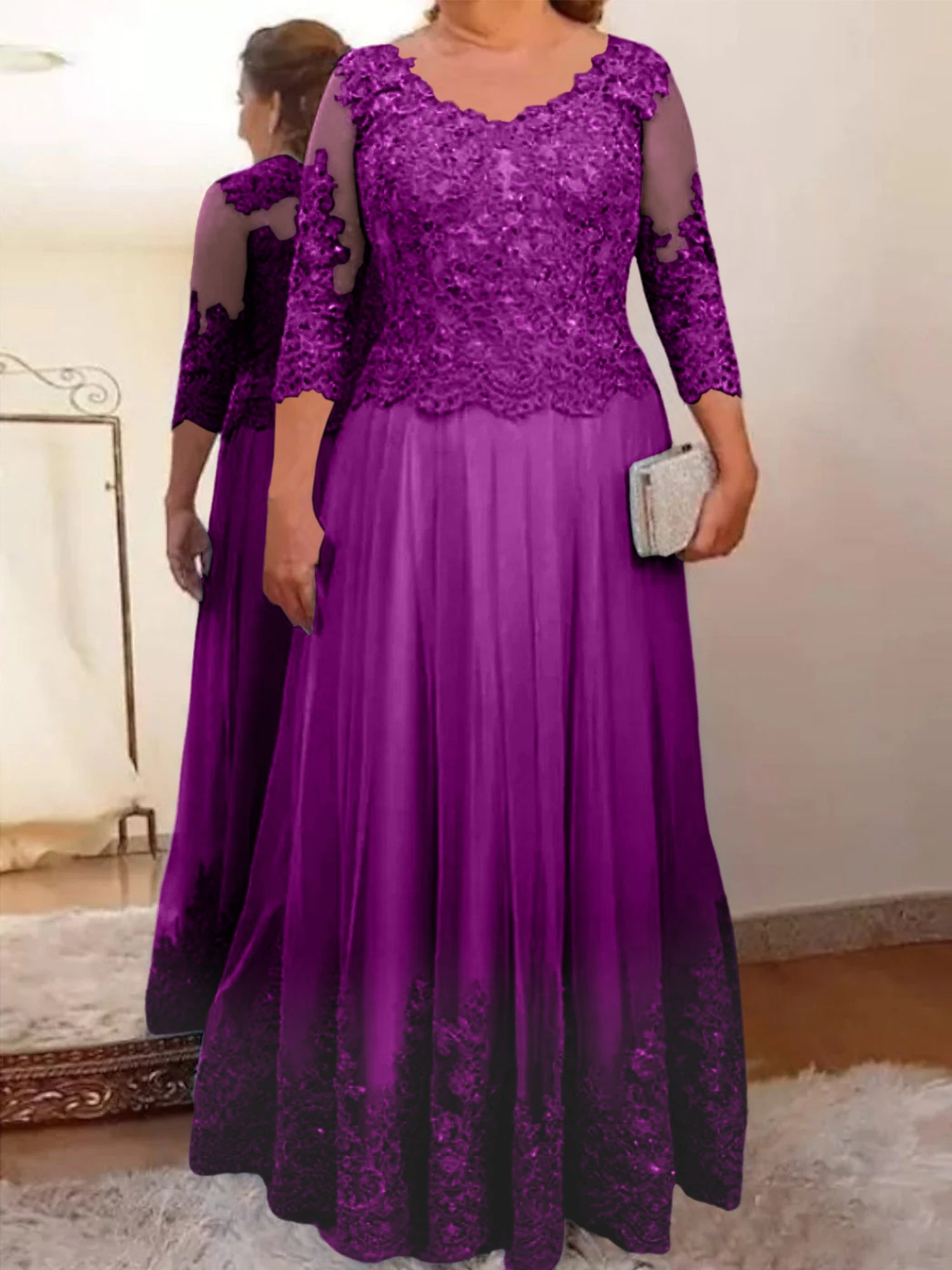 A-Line/Princess Sheer Neck 3/4 Length Sleeves Floor-Length Mother of the Bride Dresses with Applique - Image 26