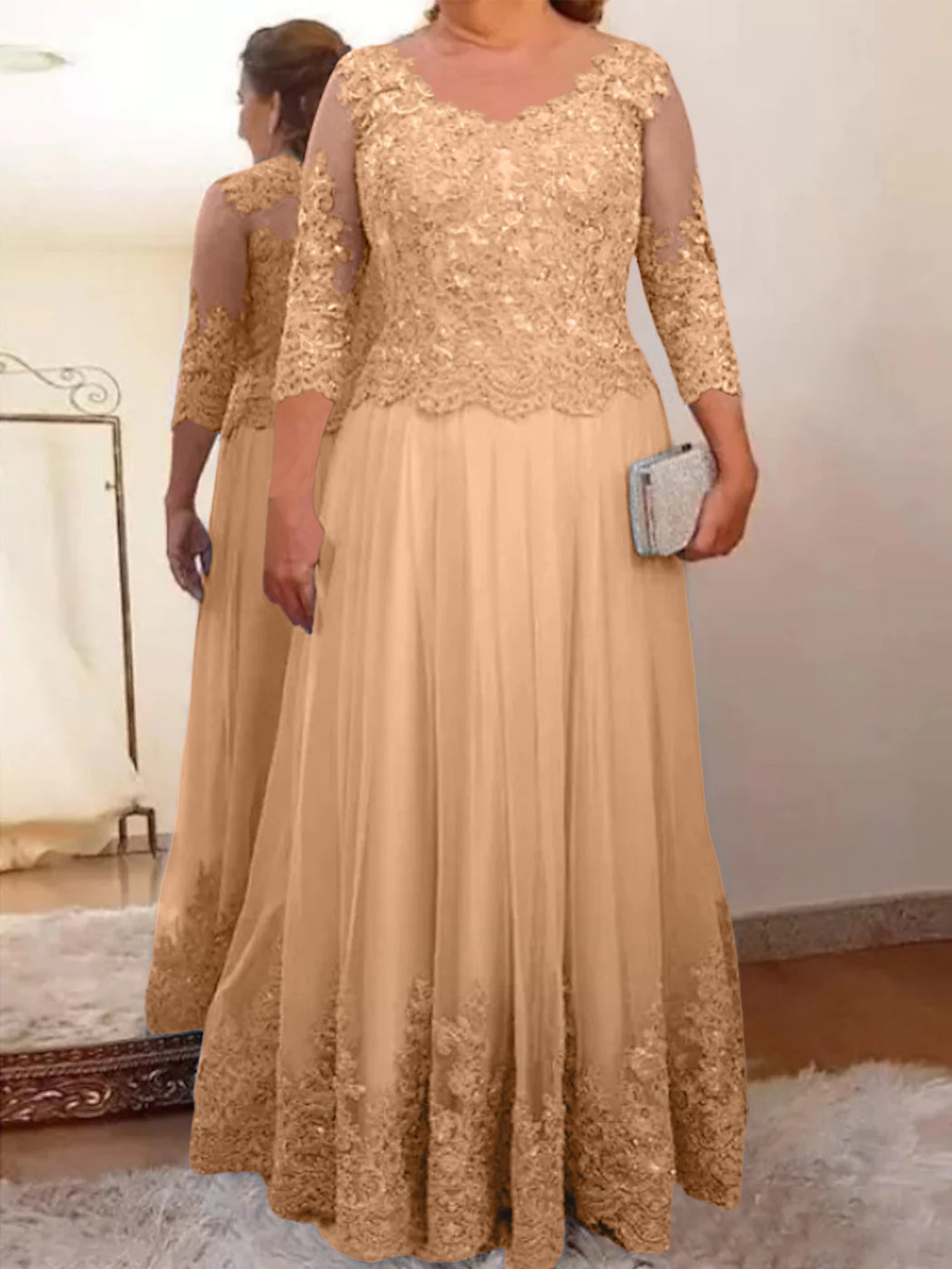 A-Line/Princess Sheer Neck 3/4 Length Sleeves Floor-Length Mother of the Bride Dresses with Applique - Image 11