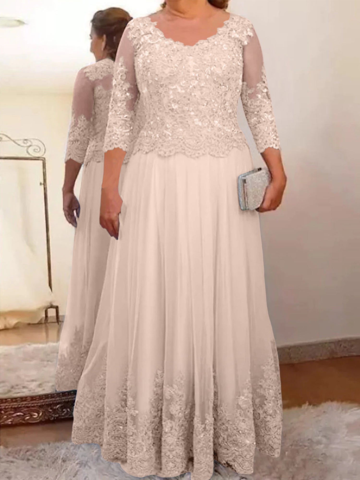 A-Line/Princess Sheer Neck 3/4 Length Sleeves Floor-Length Mother of the Bride Dresses with Applique - Image 12