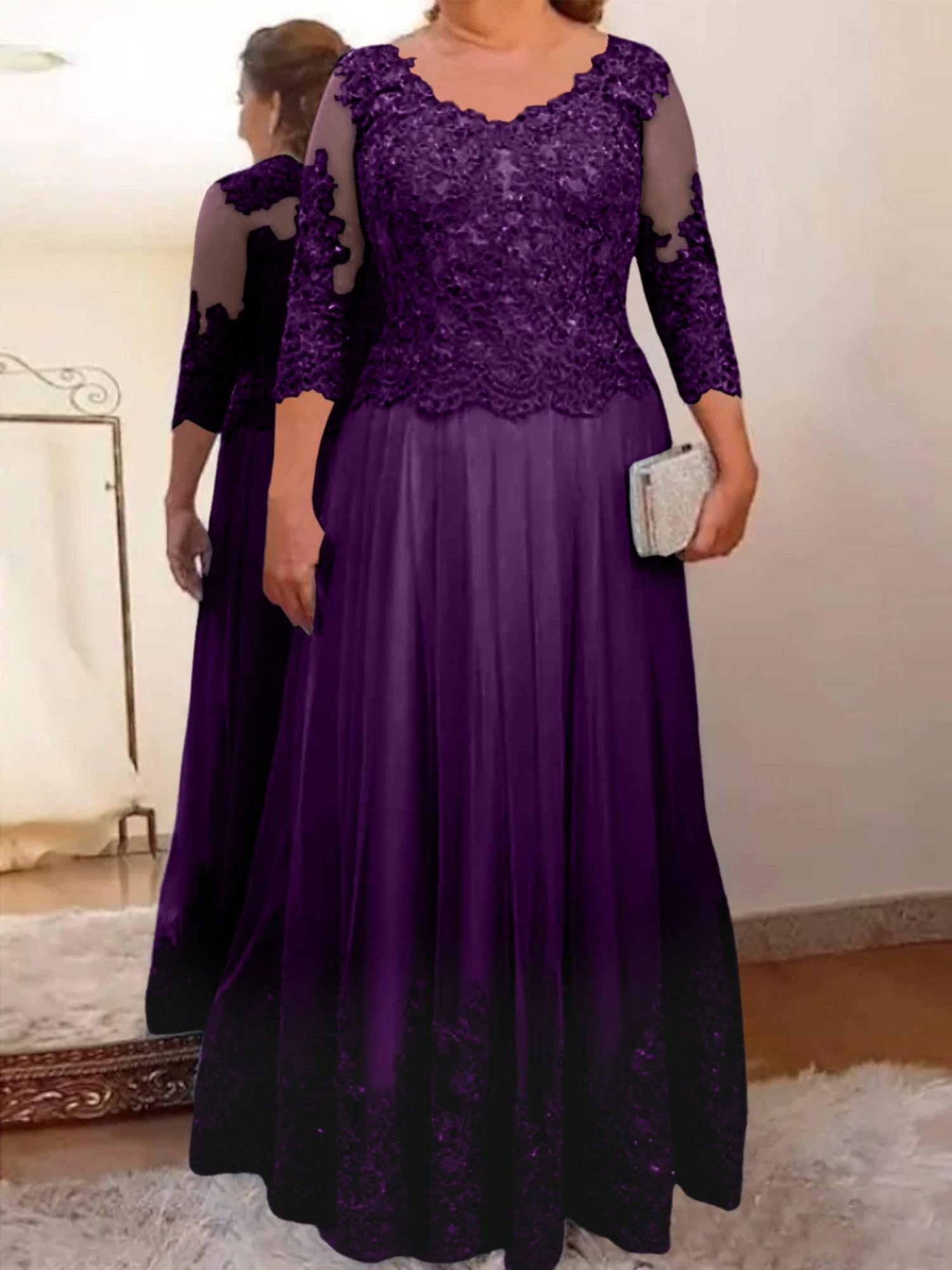 A-Line/Princess Sheer Neck 3/4 Length Sleeves Floor-Length Mother of the Bride Dresses with Applique - Image 28
