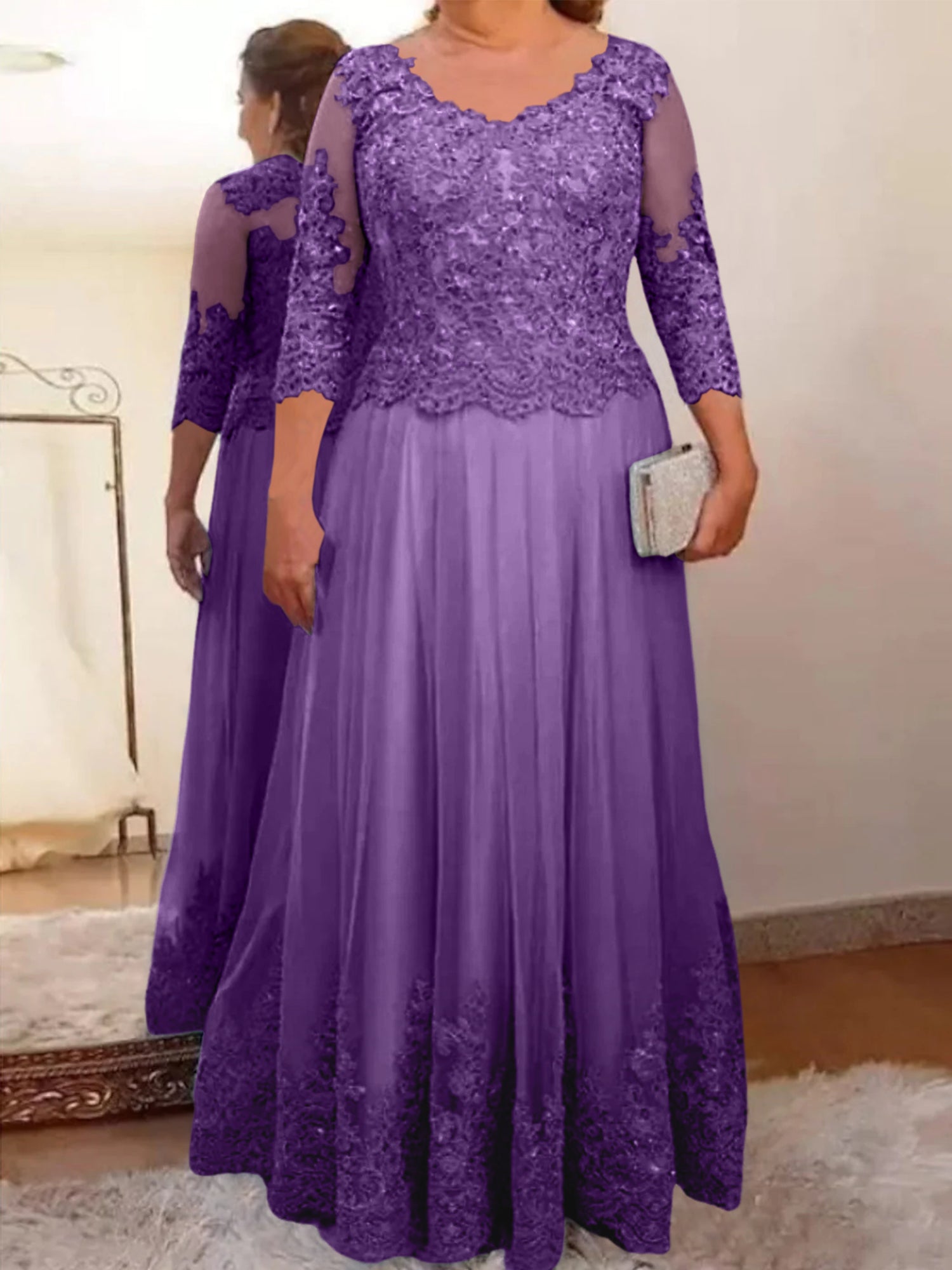 A-Line/Princess Sheer Neck 3/4 Length Sleeves Floor-Length Mother of the Bride Dresses with Applique - Image 29