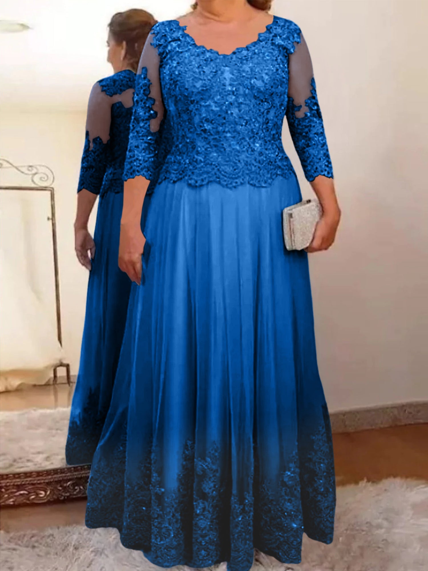 A-Line/Princess Sheer Neck 3/4 Length Sleeves Floor-Length Mother of the Bride Dresses with Applique - Image 31
