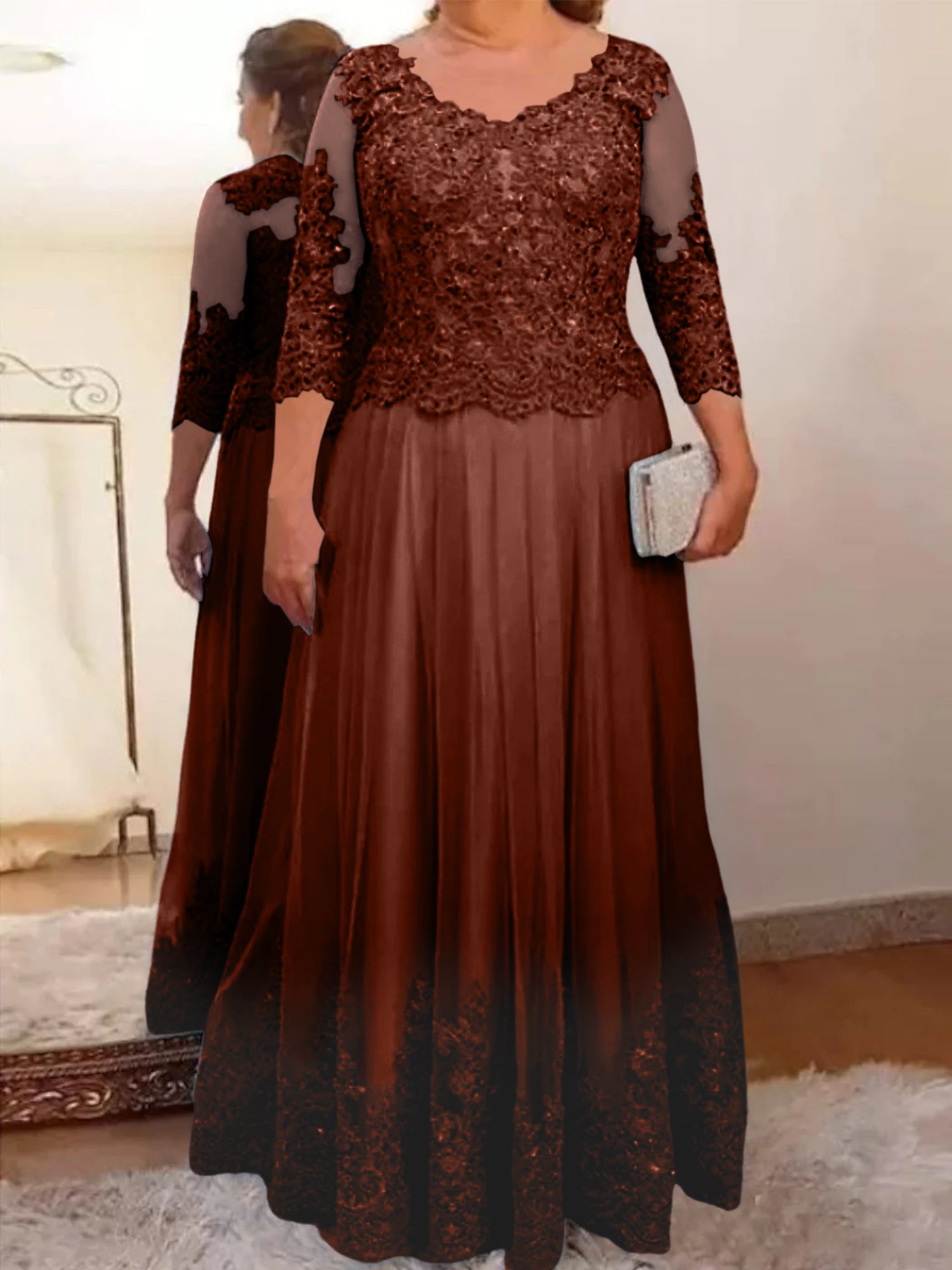 A-Line/Princess Sheer Neck 3/4 Length Sleeves Floor-Length Mother of the Bride Dresses with Applique - Image 32