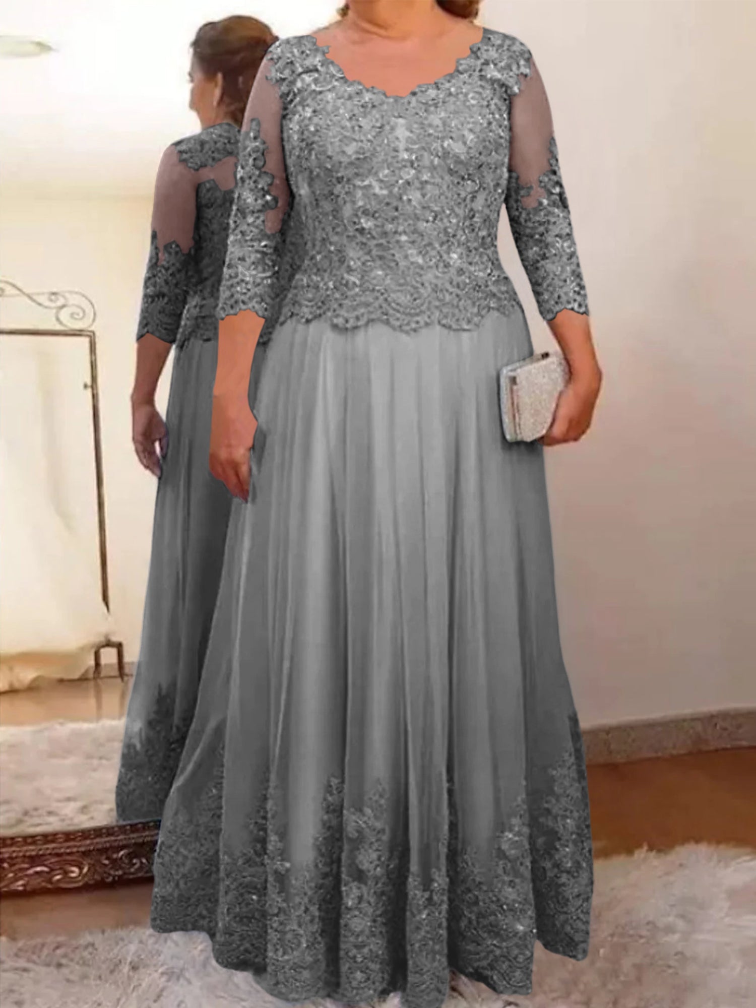 A-Line/Princess Sheer Neck 3/4 Length Sleeves Floor-Length Mother of the Bride Dresses with Applique - Image 34