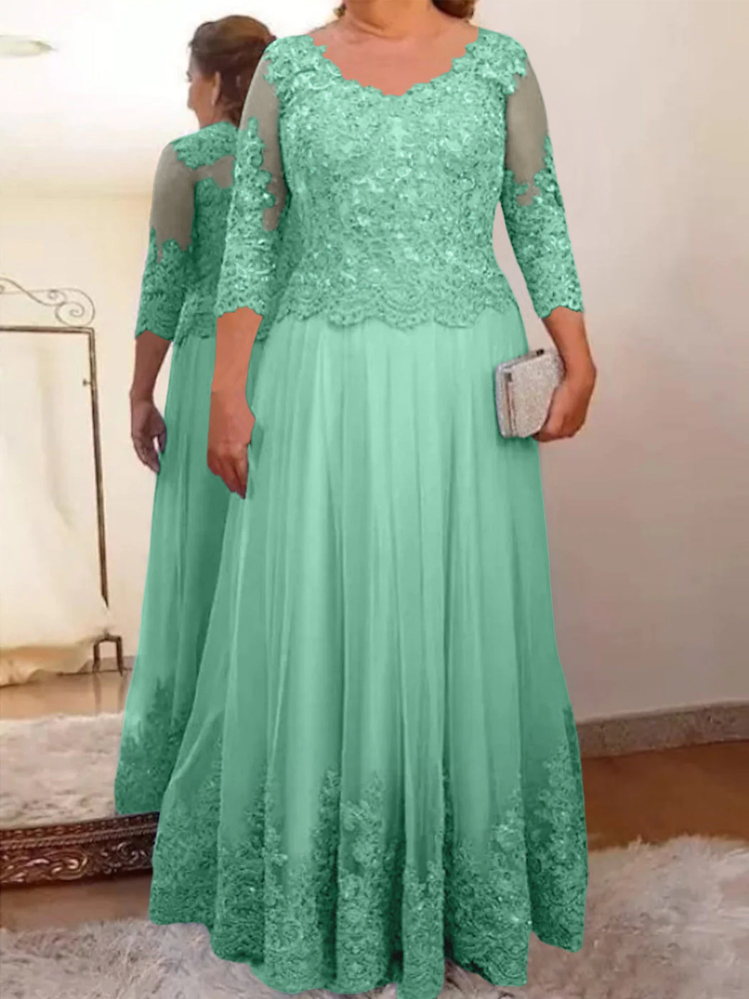 A-Line/Princess Sheer Neck 3/4 Length Sleeves Floor-Length Mother of the Bride Dresses with Applique - Image 35