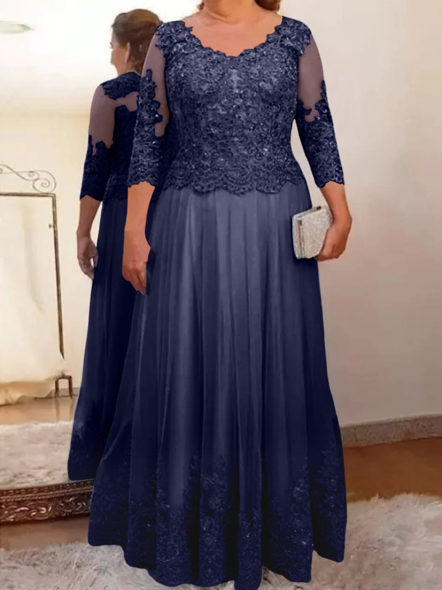 A-Line/Princess Sheer Neck 3/4 Length Sleeves Floor-Length Mother of the Bride Dresses with Applique - Image 37