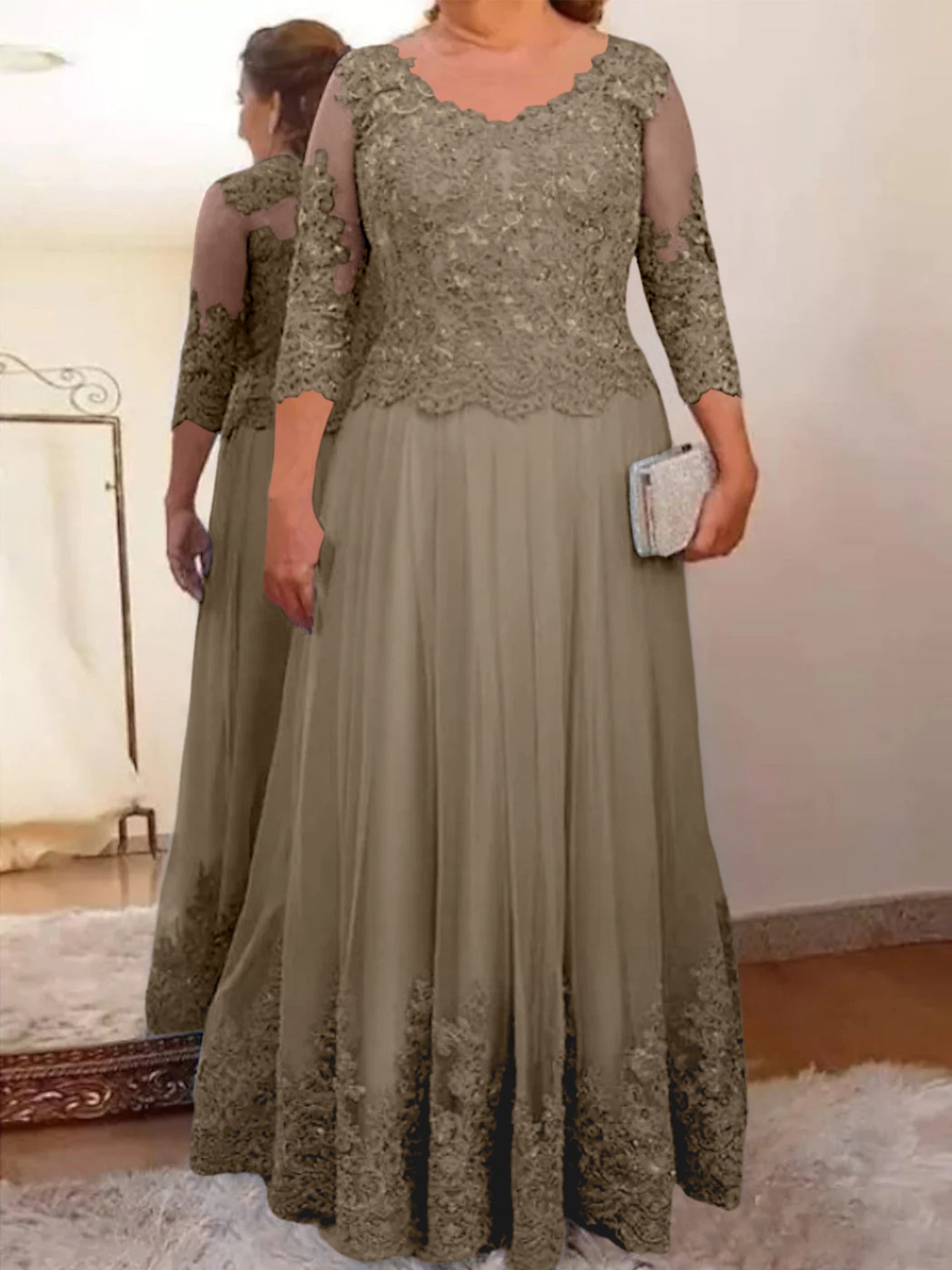 A-Line/Princess Sheer Neck 3/4 Length Sleeves Floor-Length Mother of the Bride Dresses with Applique - Image 71