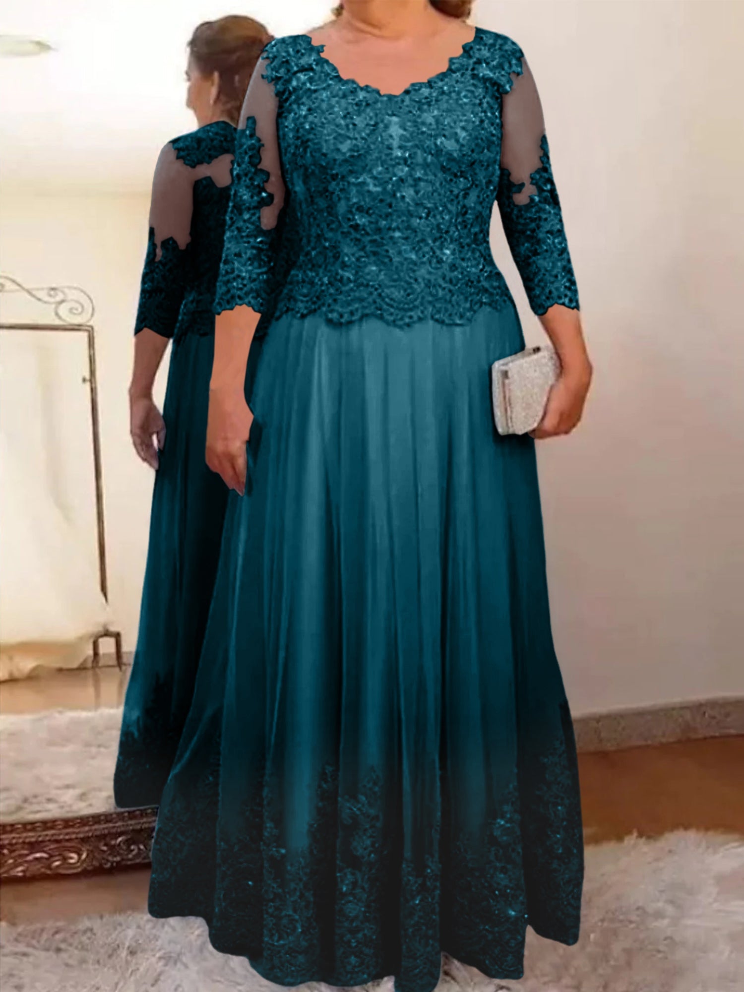 A-Line/Princess Sheer Neck 3/4 Length Sleeves Floor-Length Mother of the Bride Dresses with Applique - Image 38