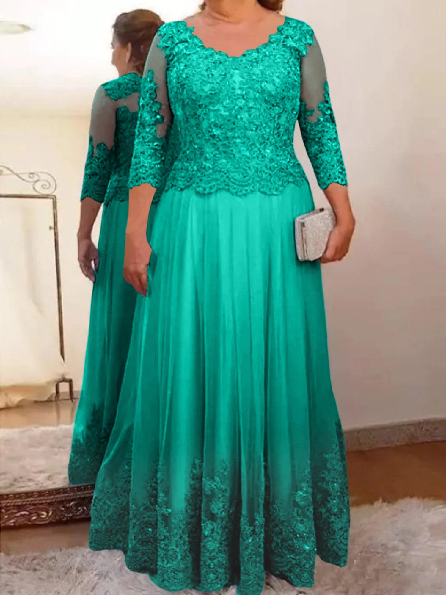 A-Line/Princess Sheer Neck 3/4 Length Sleeves Floor-Length Mother of the Bride Dresses with Applique - Image 39