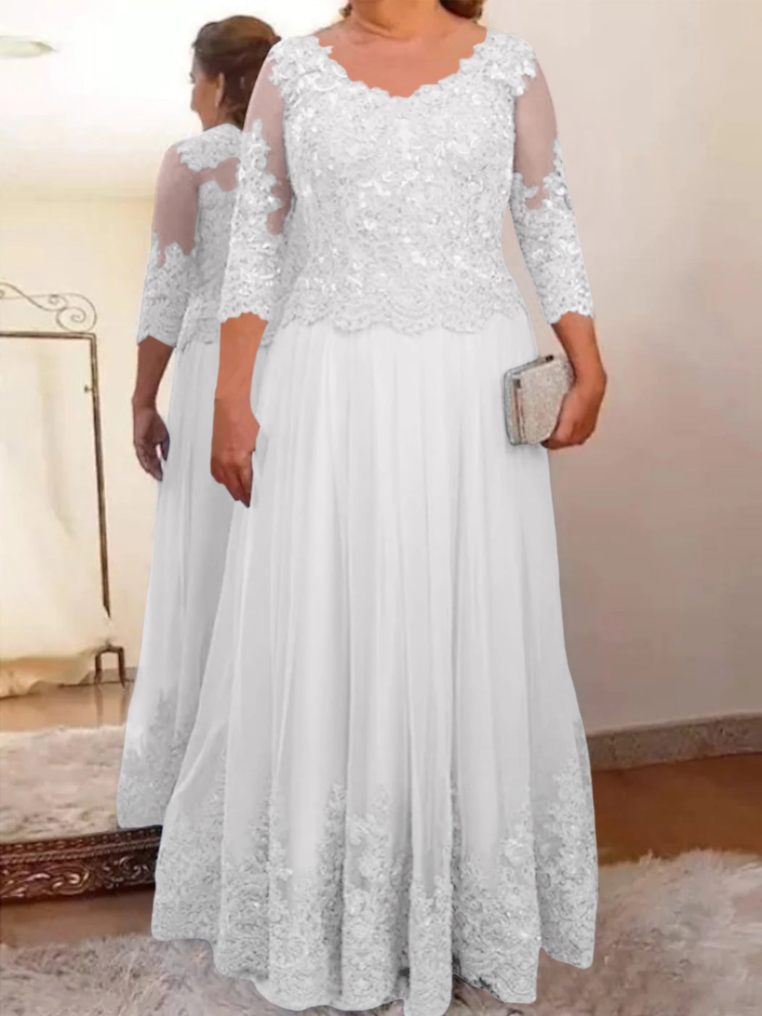 A-Line/Princess Sheer Neck 3/4 Length Sleeves Floor-Length Mother of the Bride Dresses with Applique - Image 17
