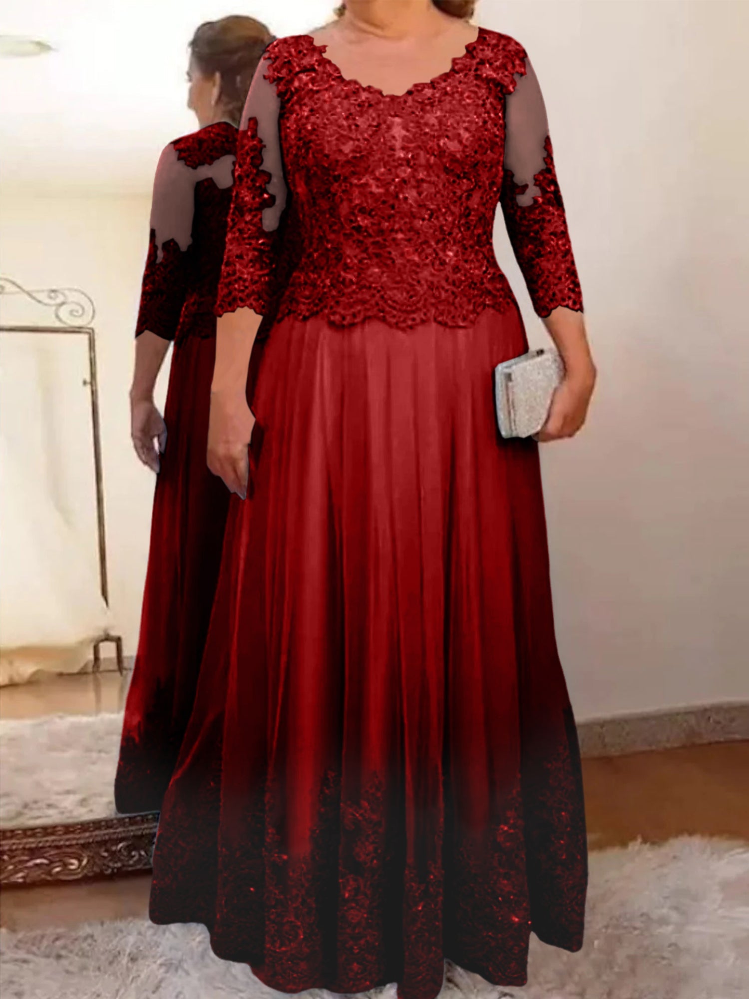 A-Line/Princess Sheer Neck 3/4 Length Sleeves Floor-Length Mother of the Bride Dresses with Applique - Image 40