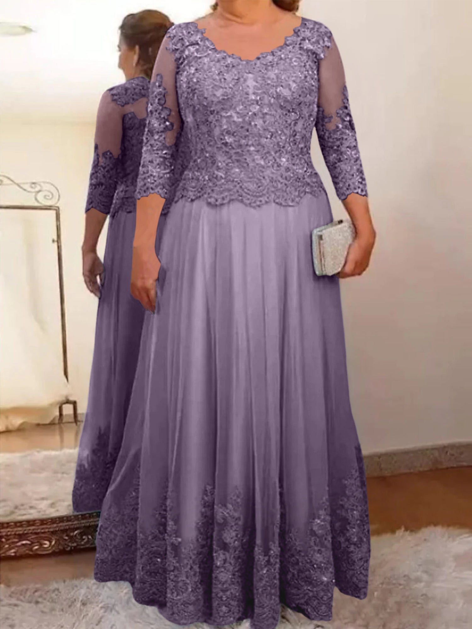 A-Line/Princess Sheer Neck 3/4 Length Sleeves Floor-Length Mother of the Bride Dresses with Applique - Image 15