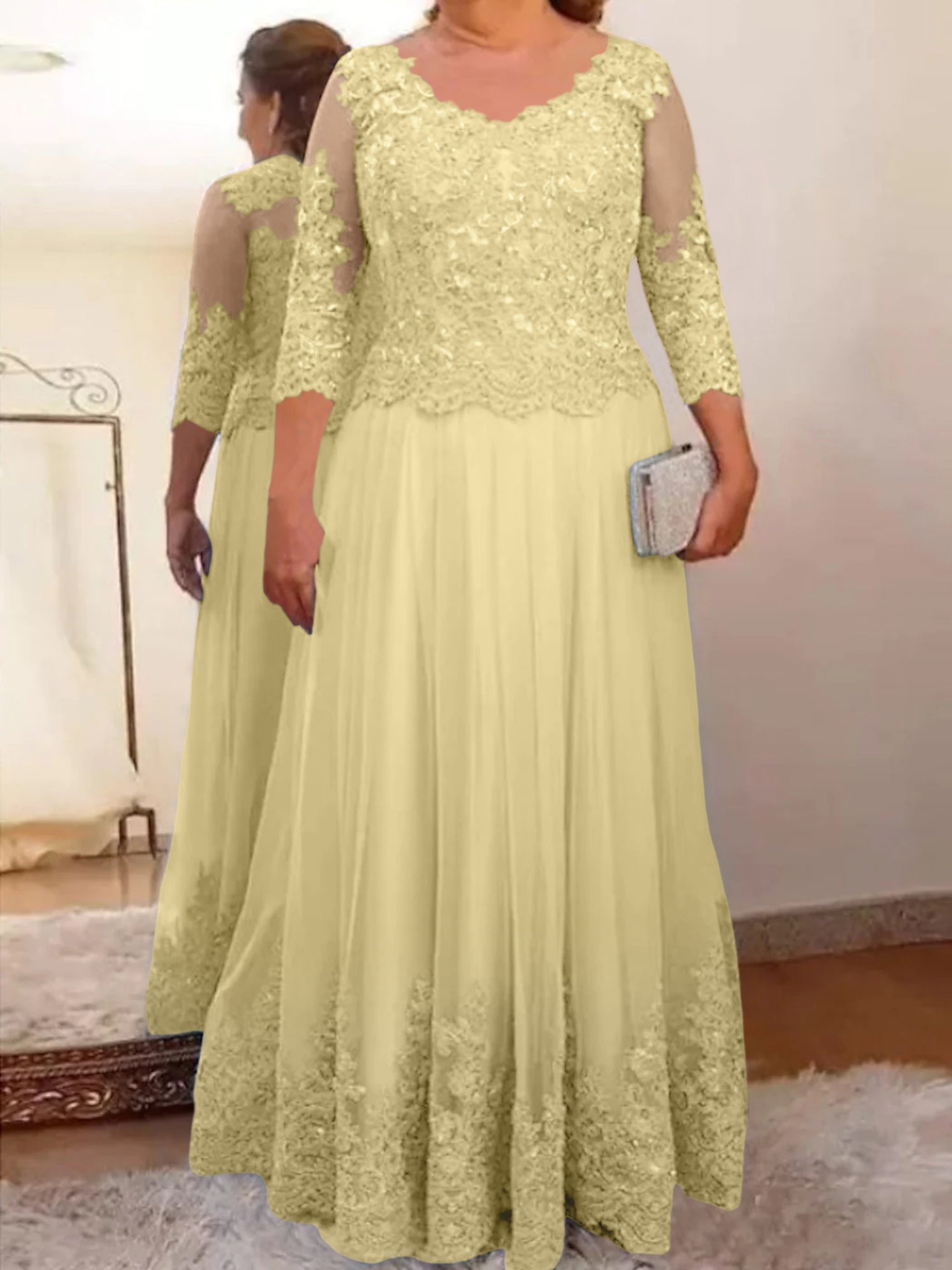 A-Line/Princess Sheer Neck 3/4 Length Sleeves Floor-Length Mother of the Bride Dresses with Applique - Image 41