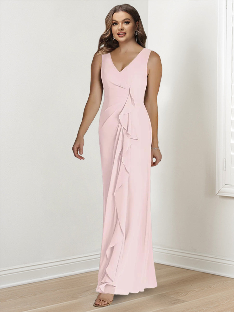 Sheath/Column V-Neck Sleeveless Floor-Length Plus Size Mother of the Bride Dresses with Wraps - 画像 (3)