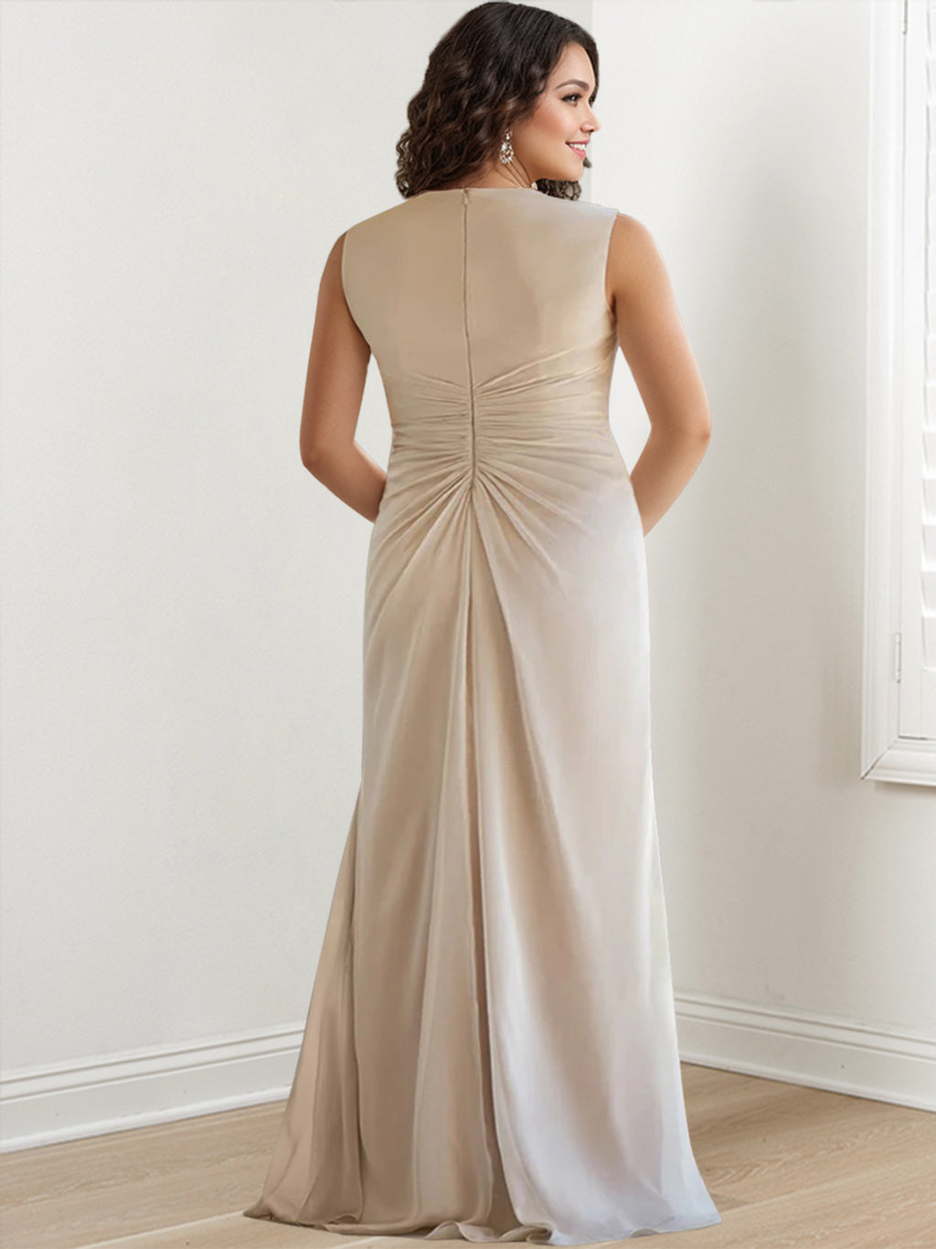 Sheath/Column V-Neck Sleeveless Floor-Length Plus Size Mother of the Bride Dresses with Wraps & Ruffles - Image 2