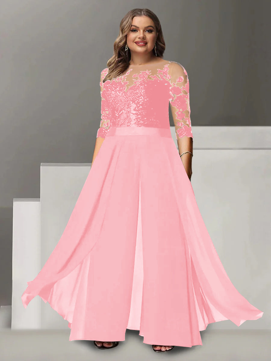 A-Line/Princess Jewel Neck 3/4 Length Sleeves Floor-Length Plus Size Mother of the Bride Pantsuits with Applique - 画像 (6)