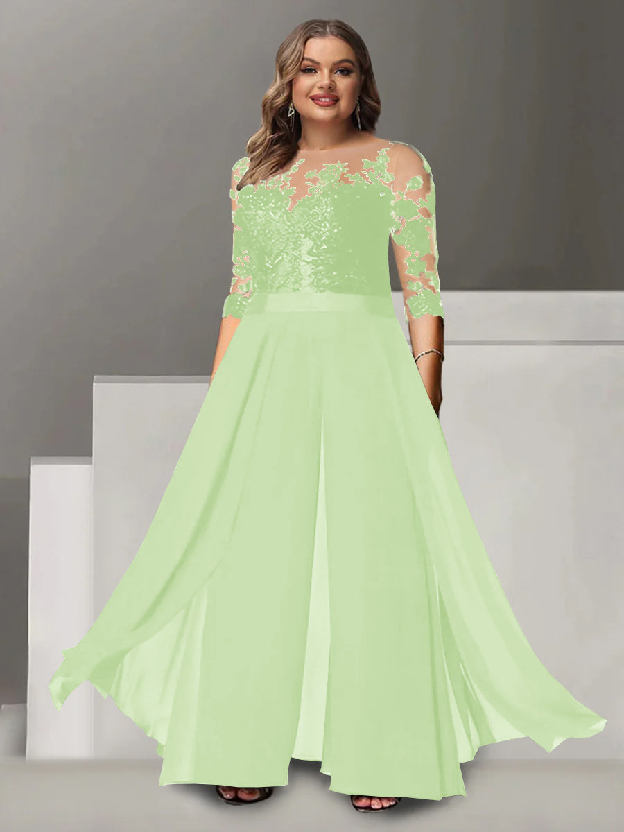 A-Line/Princess Jewel Neck 3/4 Length Sleeves Floor-Length Plus Size Mother of the Bride Pantsuits with Applique - 画像 (7)