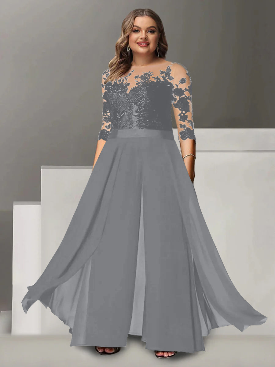 A-Line/Princess Jewel Neck 3/4 Length Sleeves Floor-Length Plus Size Mother of the Bride Pantsuits with Applique - 画像 (9)