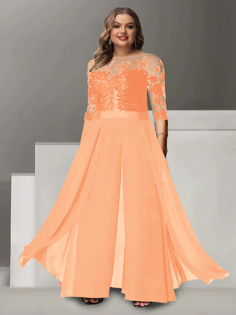 A-Line/Princess Jewel Neck 3/4 Length Sleeves Floor-Length Plus Size Mother of the Bride Pantsuits with Applique - 画像 (11)