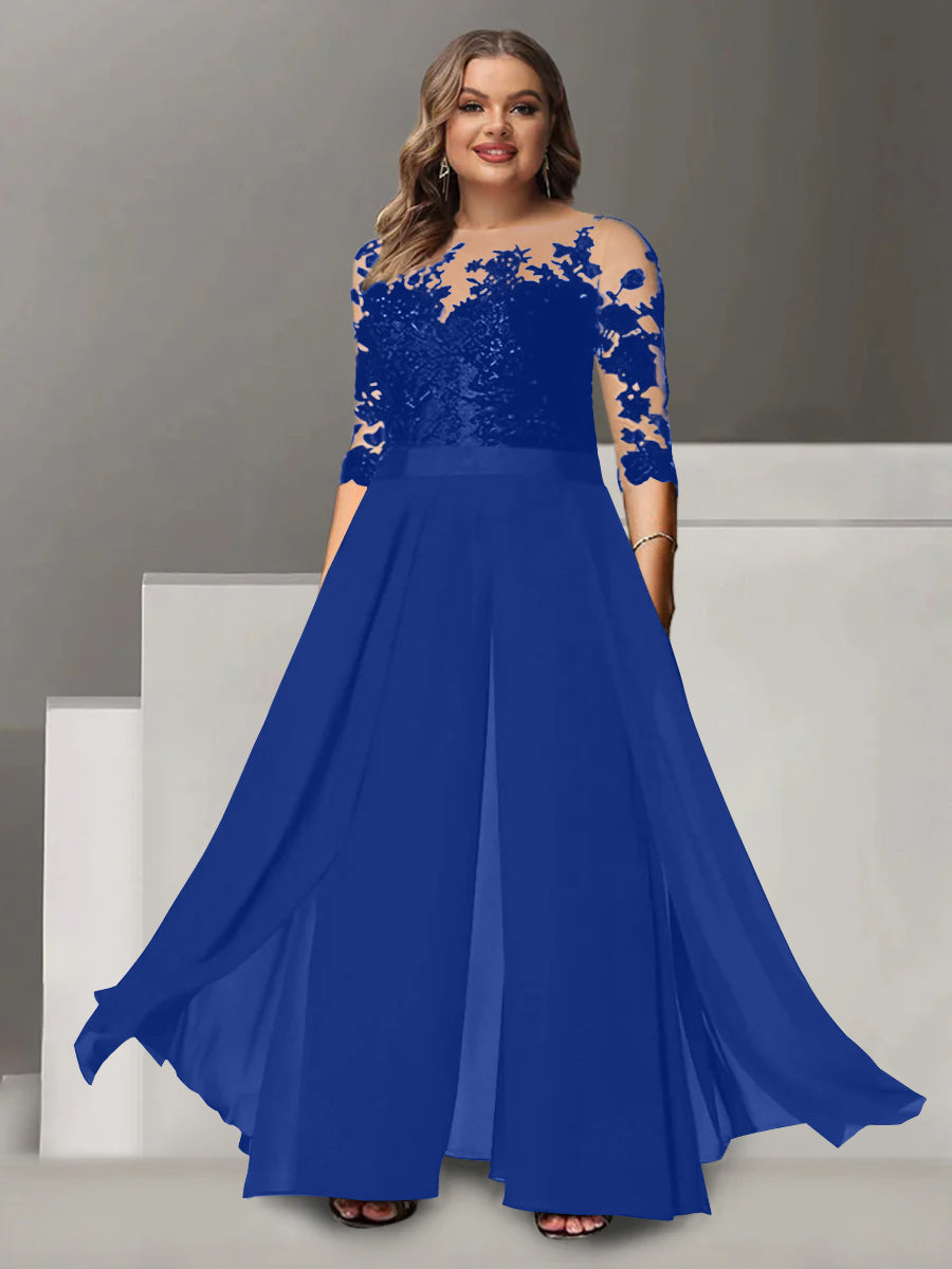 A-Line/Princess Jewel Neck 3/4 Length Sleeves Floor-Length Plus Size Mother of the Bride Pantsuits with Applique - 画像 (14)