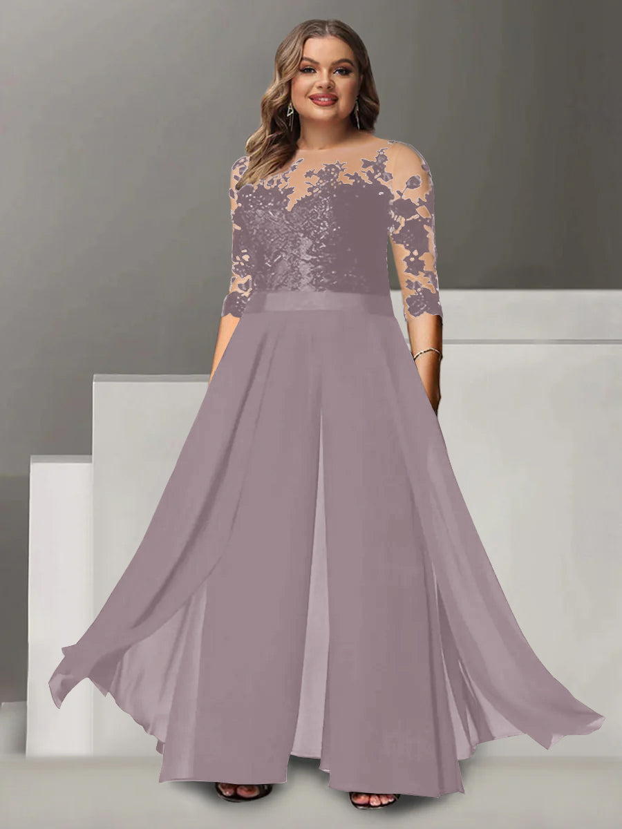 A-Line/Princess Jewel Neck 3/4 Length Sleeves Floor-Length Plus Size Mother of the Bride Pantsuits with Applique - 画像 (15)