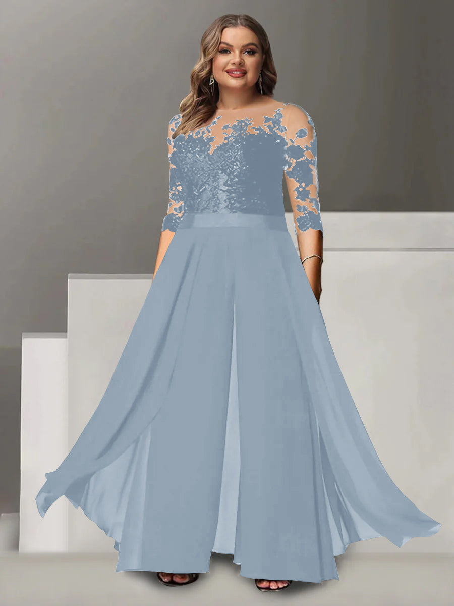 A-Line/Princess Jewel Neck 3/4 Length Sleeves Floor-Length Plus Size Mother of the Bride Pantsuits with Applique - 画像 (16)