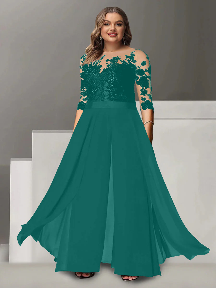 A-Line/Princess Jewel Neck 3/4 Length Sleeves Floor-Length Plus Size Mother of the Bride Pantsuits with Applique - 画像 (18)