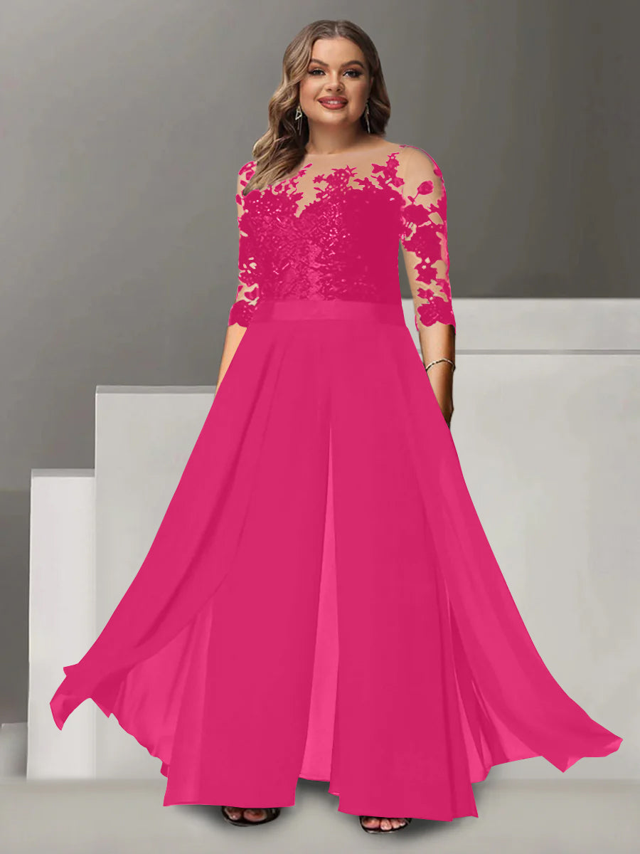 A-Line/Princess Jewel Neck 3/4 Length Sleeves Floor-Length Plus Size Mother of the Bride Pantsuits with Applique - 画像 (19)