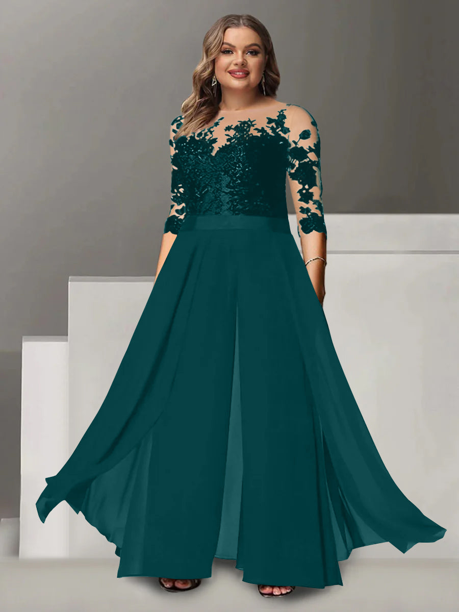 A-Line/Princess Jewel Neck 3/4 Length Sleeves Floor-Length Plus Size Mother of the Bride Pantsuits with Applique - 画像 (23)