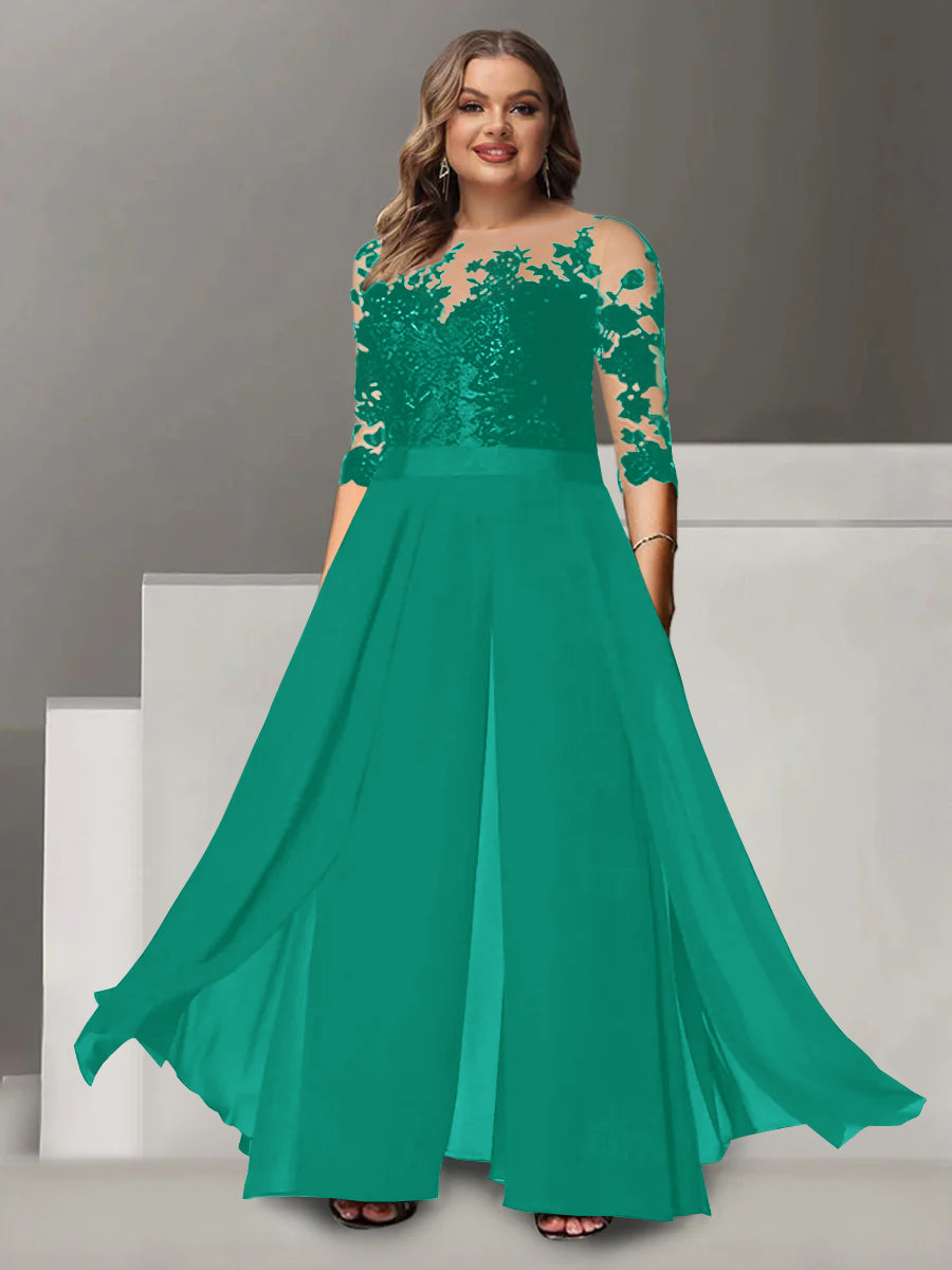 A-Line/Princess Jewel Neck 3/4 Length Sleeves Floor-Length Plus Size Mother of the Bride Pantsuits with Applique - 画像 (25)