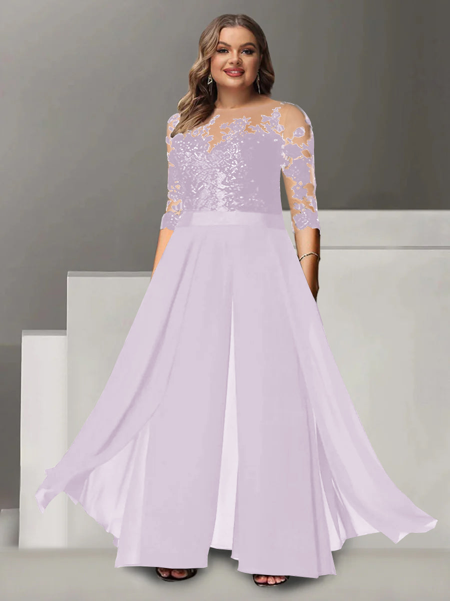 A-Line/Princess Jewel Neck 3/4 Length Sleeves Floor-Length Plus Size Mother of the Bride Pantsuits with Applique - 画像 (27)