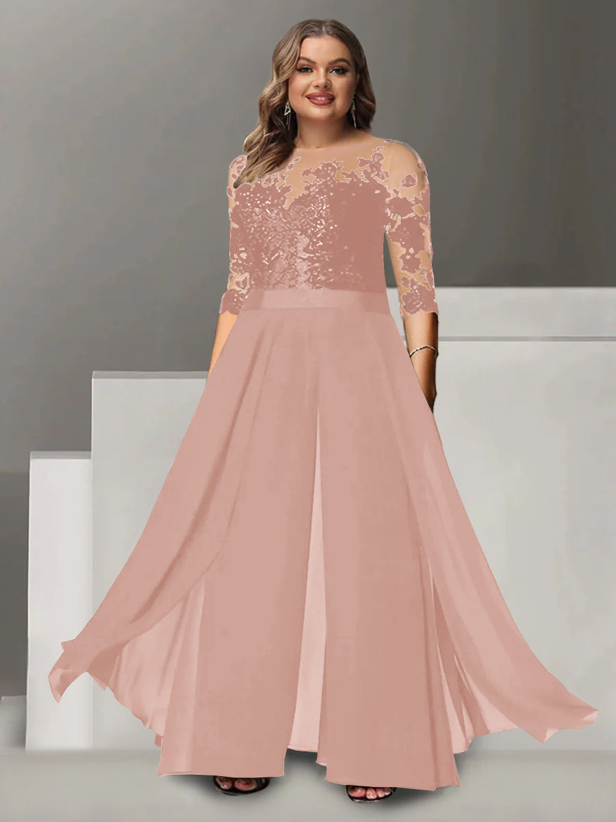 A-Line/Princess Jewel Neck 3/4 Length Sleeves Floor-Length Plus Size Mother of the Bride Pantsuits with Applique - 画像 (28)