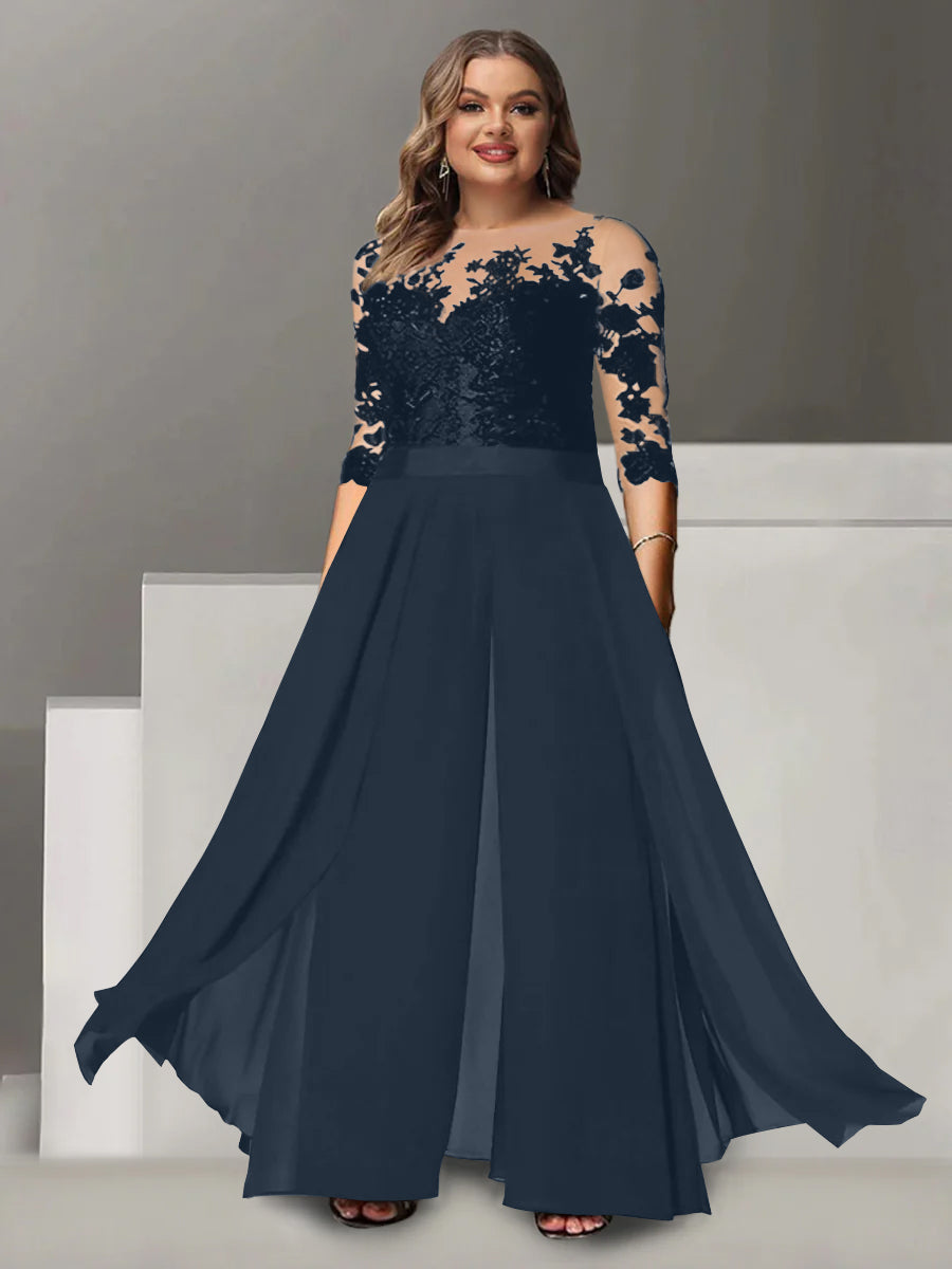 A-Line/Princess Jewel Neck 3/4 Length Sleeves Floor-Length Plus Size Mother of the Bride Pantsuits with Applique - 画像 (31)