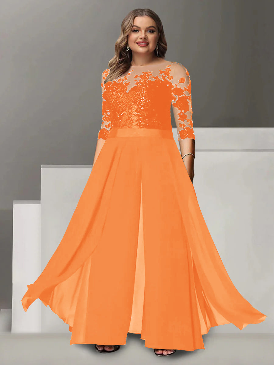 A-Line/Princess Jewel Neck 3/4 Length Sleeves Floor-Length Plus Size Mother of the Bride Pantsuits with Applique - 画像 (33)