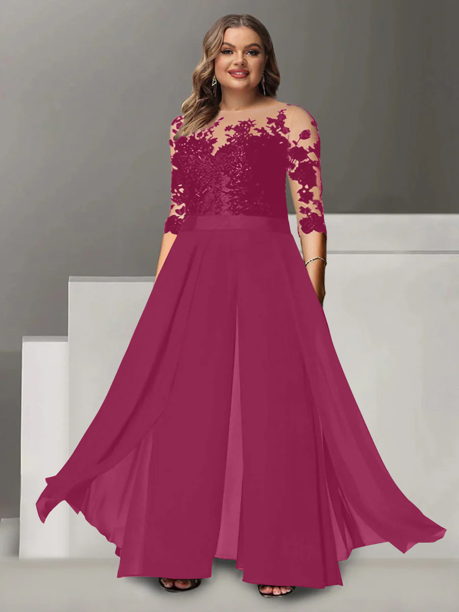 A-Line/Princess Jewel Neck 3/4 Length Sleeves Floor-Length Plus Size Mother of the Bride Pantsuits with Applique - 画像 (34)