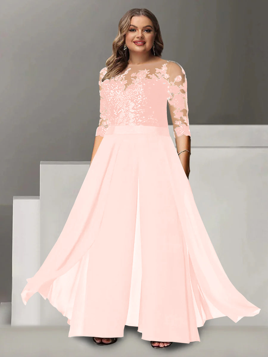 A-Line/Princess Jewel Neck 3/4 Length Sleeves Floor-Length Plus Size Mother of the Bride Pantsuits with Applique - 画像 (37)
