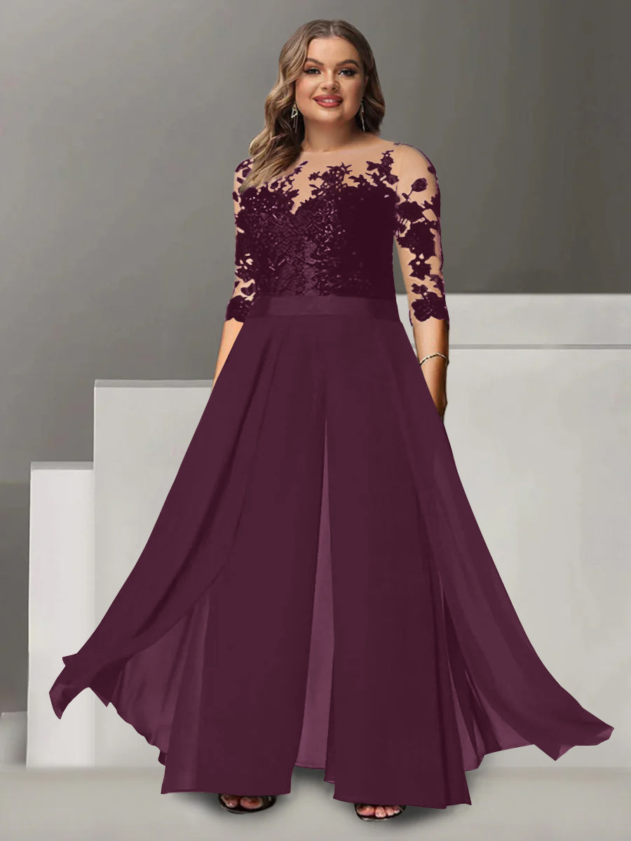 A-Line/Princess Jewel Neck 3/4 Length Sleeves Floor-Length Plus Size Mother of the Bride Pantsuits with Applique - 画像 (38)