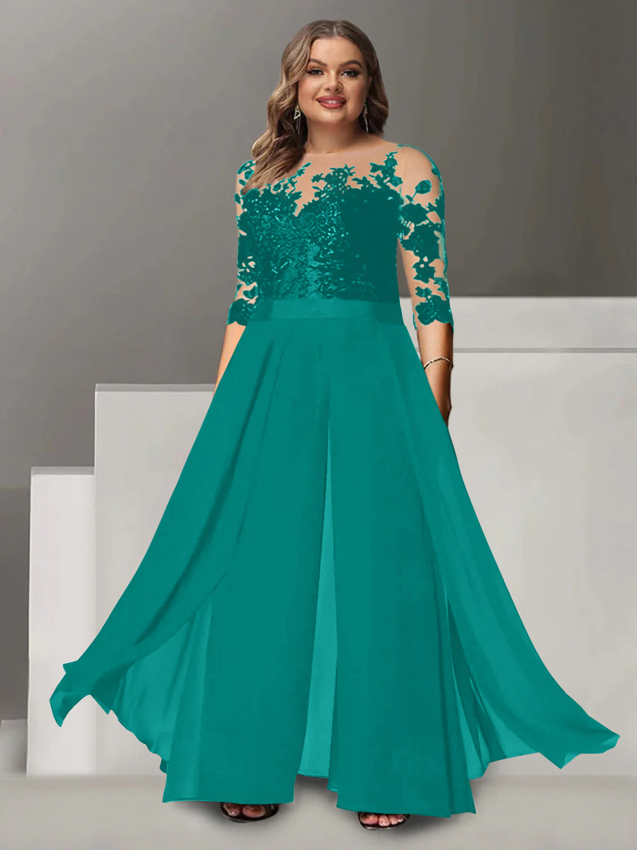 A-Line/Princess Jewel Neck 3/4 Length Sleeves Floor-Length Plus Size Mother of the Bride Pantsuits with Applique - 画像 (39)